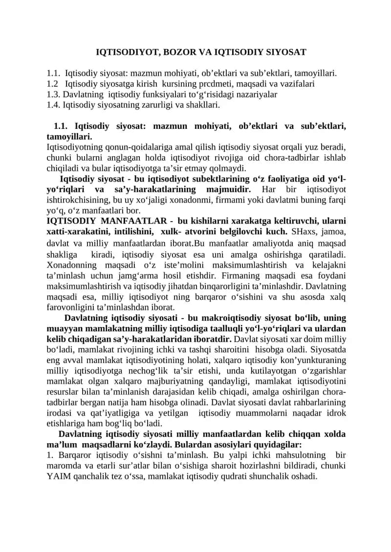 IQTISODIYOT, BOZOR VA IQTISODIY SIYOSAT