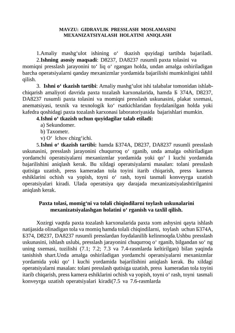 GIDRAVLIK PRЕSSLASH MOSLAMASINI MЕXANIZATSIYALASH HOLATINI ANIQLASH