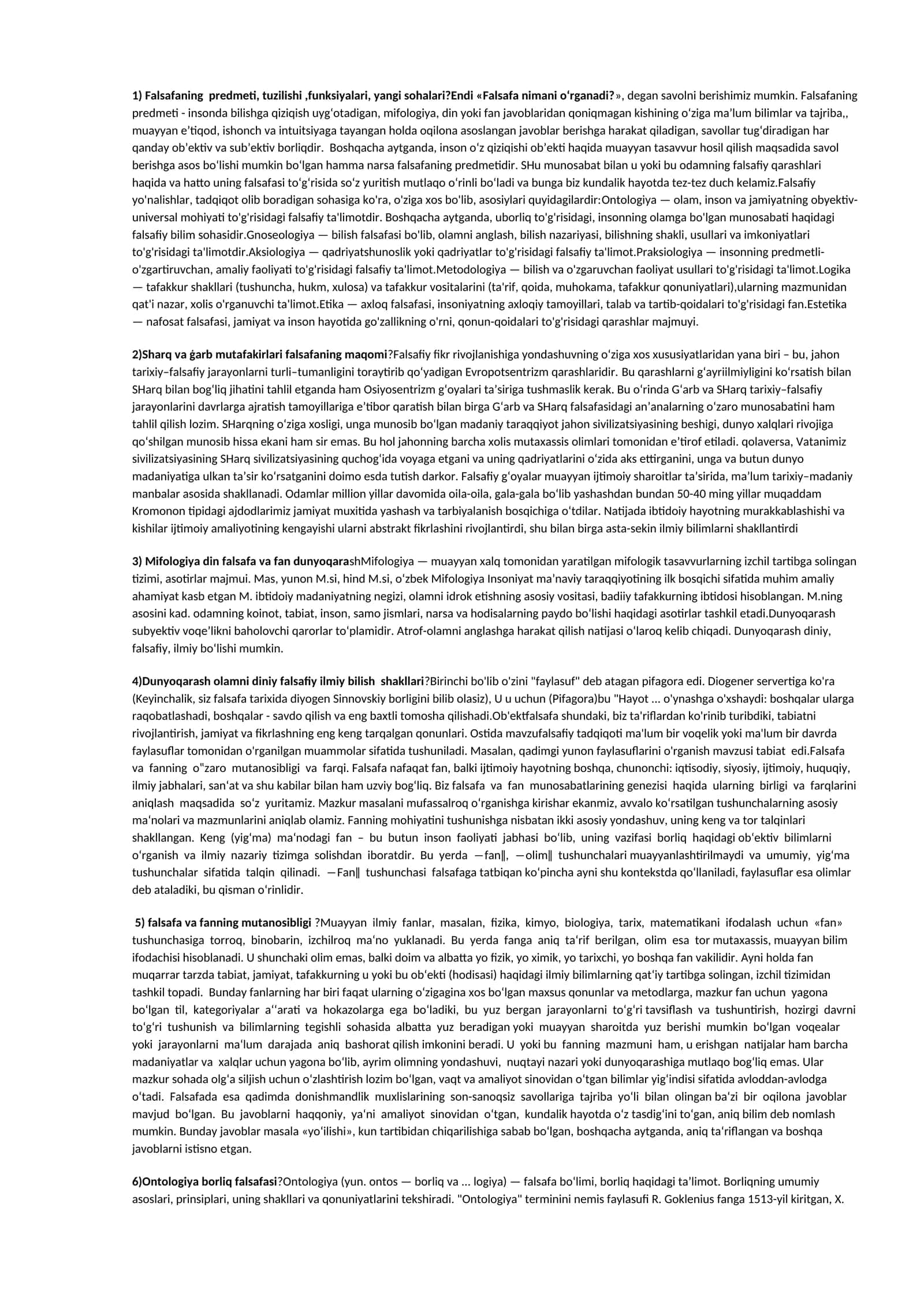 Falsafaning predmeti, tuzilishi, funksiyalari, yangi sohalari?