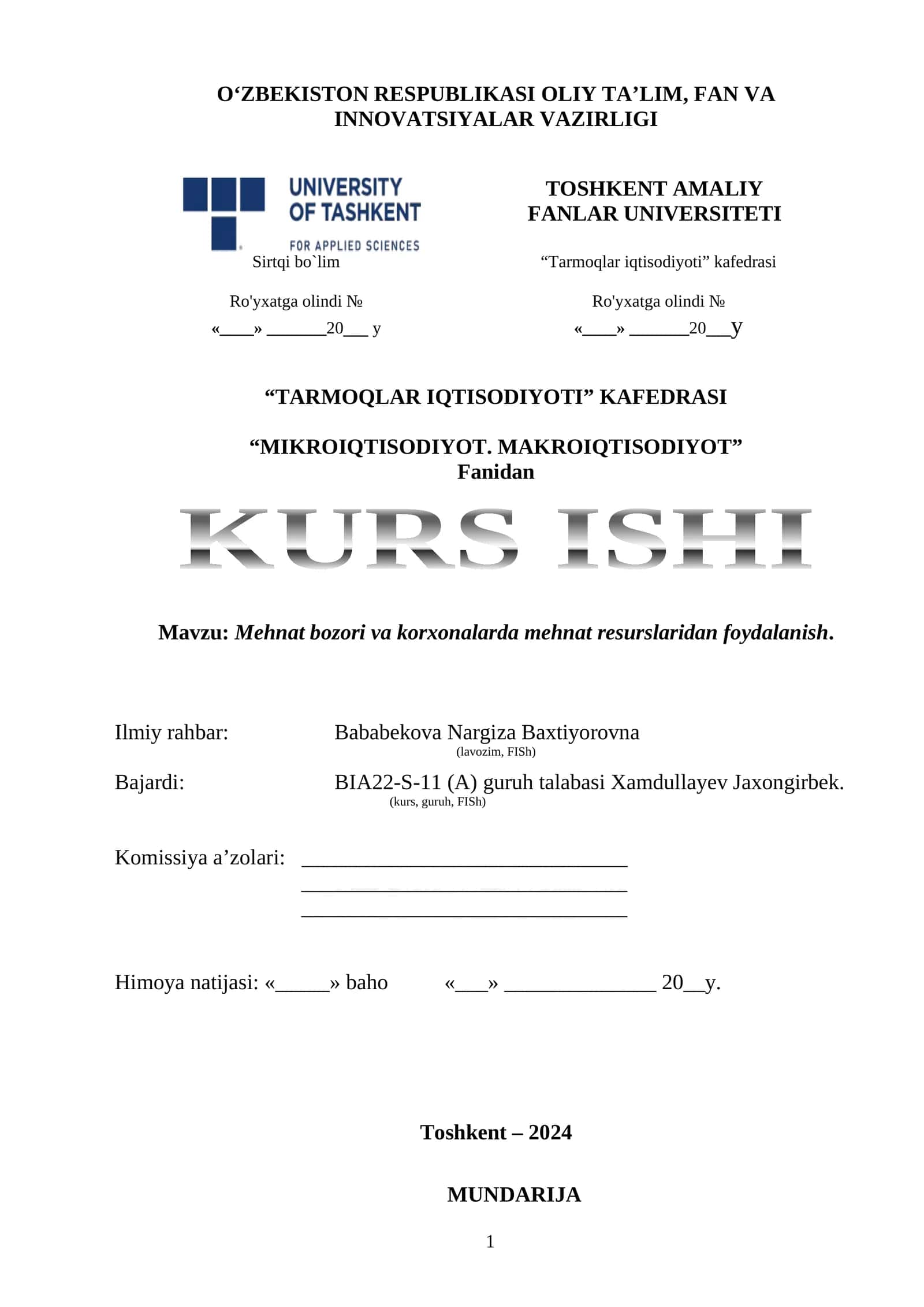Mehnat bozori va korxonalarda mehnat resurslaridan foydalanish