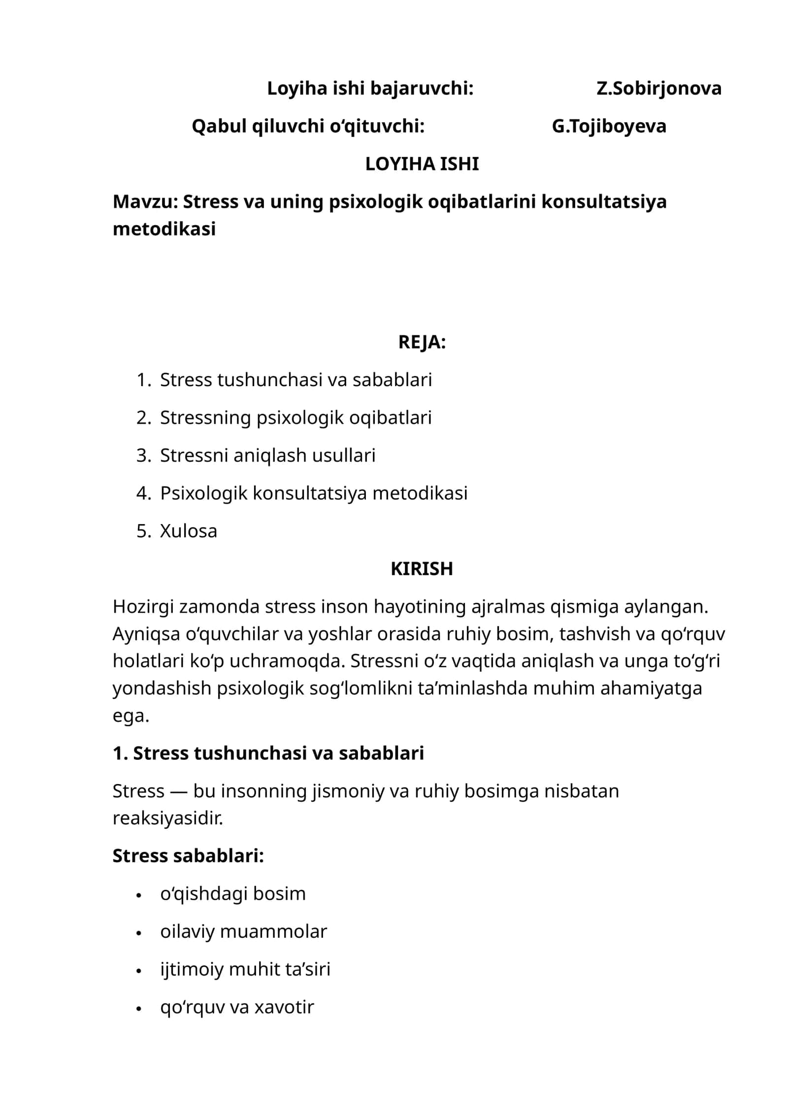 Stress va uning psixologik oqibatlarini konsultatsiya metodikasi