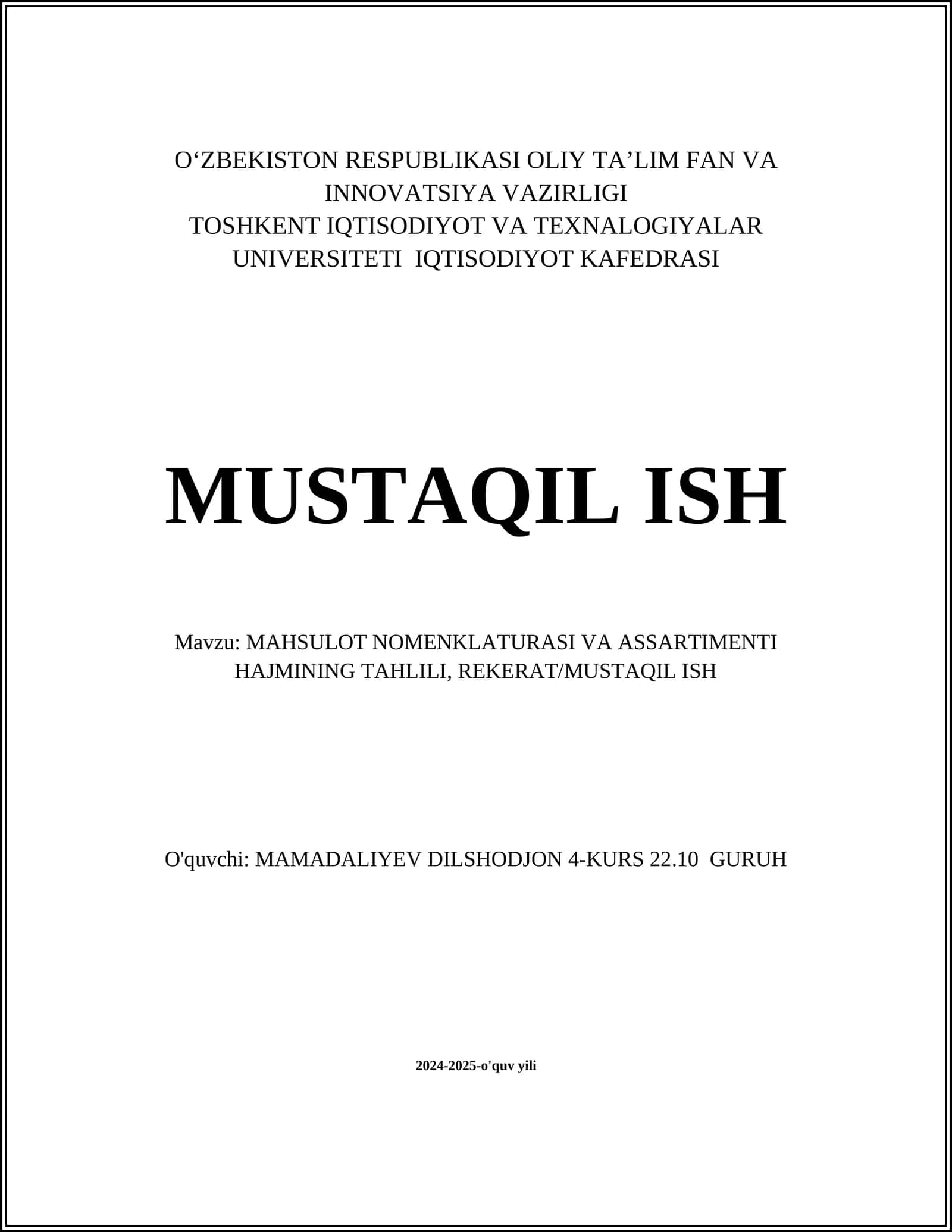 MAHSULOT NOMENKLATURASI VA ASSARTIMENTI HAJMINING TAHLILI