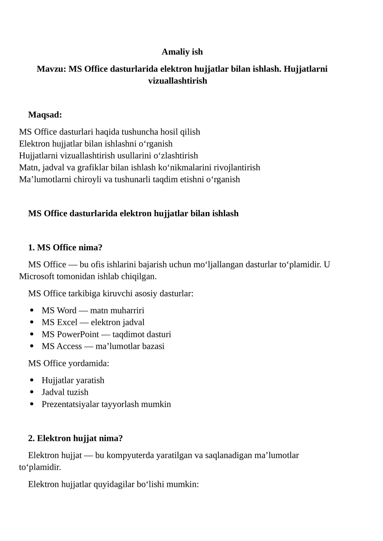 MS Office dasturlarida elektron hujjatlar bilan ishlash. Hujjatlarni vizuallashtirish