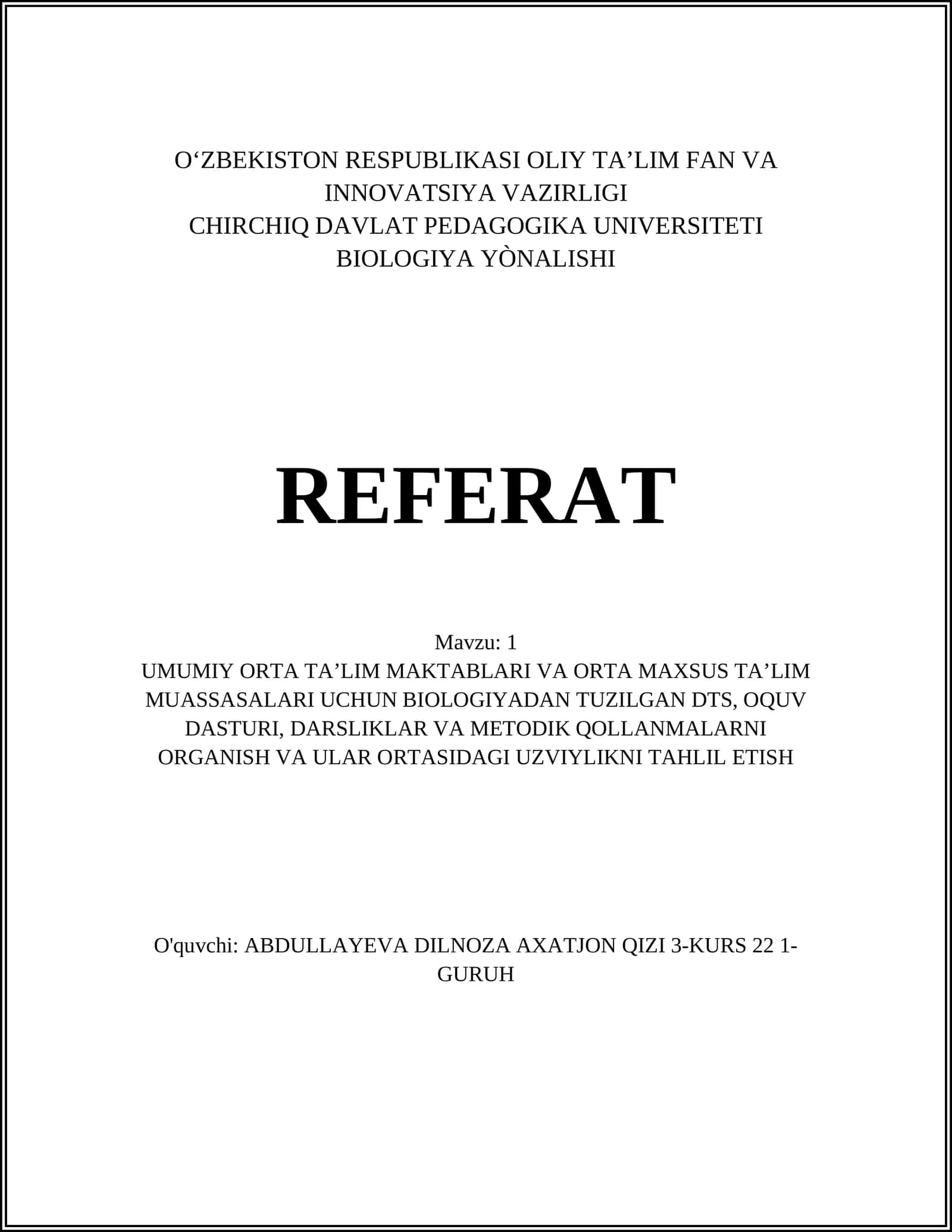 BIOLOGIYA YÒNALISHI REFERAT