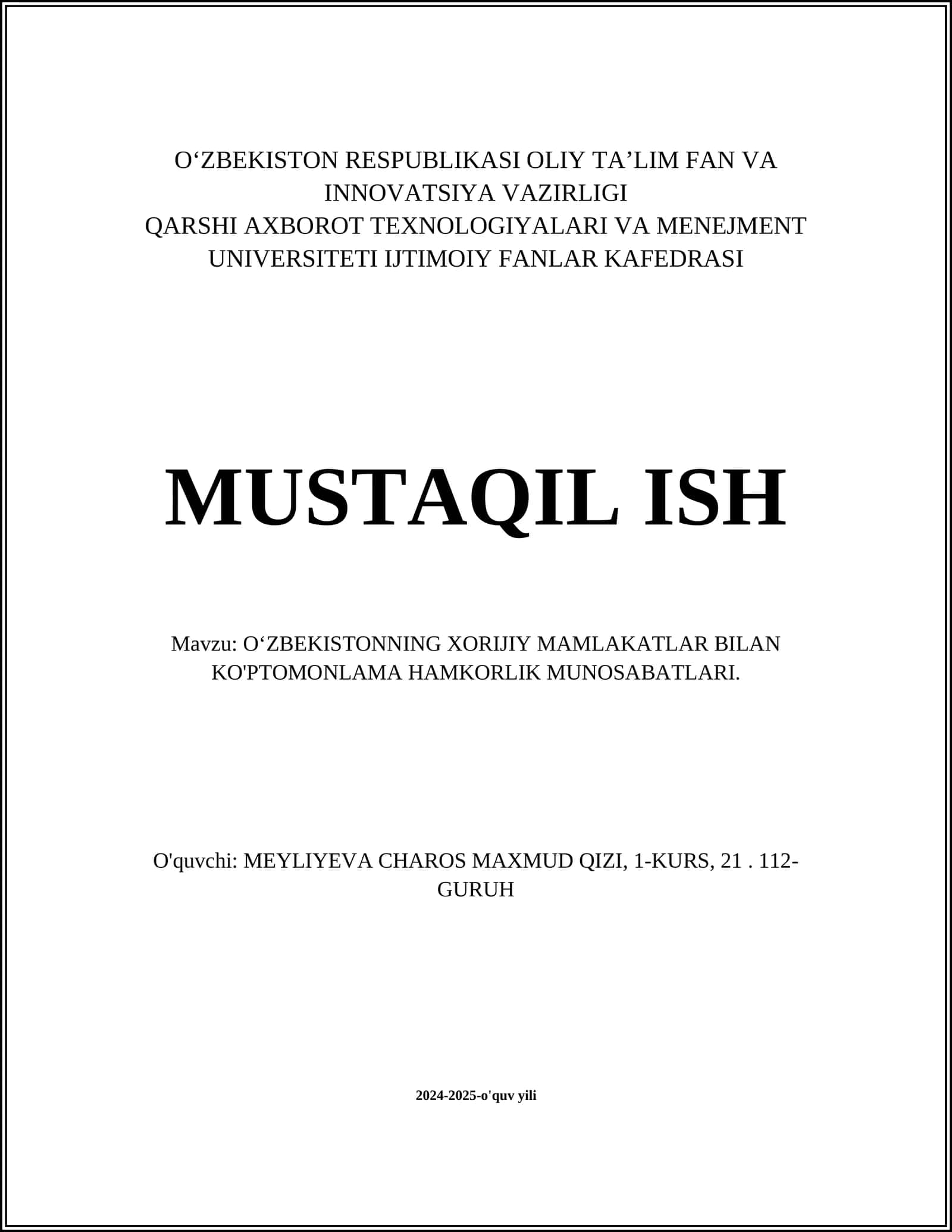 OʻZBEKISTONNING XORIJIY MAMLAKATLAR BILAN KO'PTOMONLAMA HAMKORLIK MUNOSABATLARI