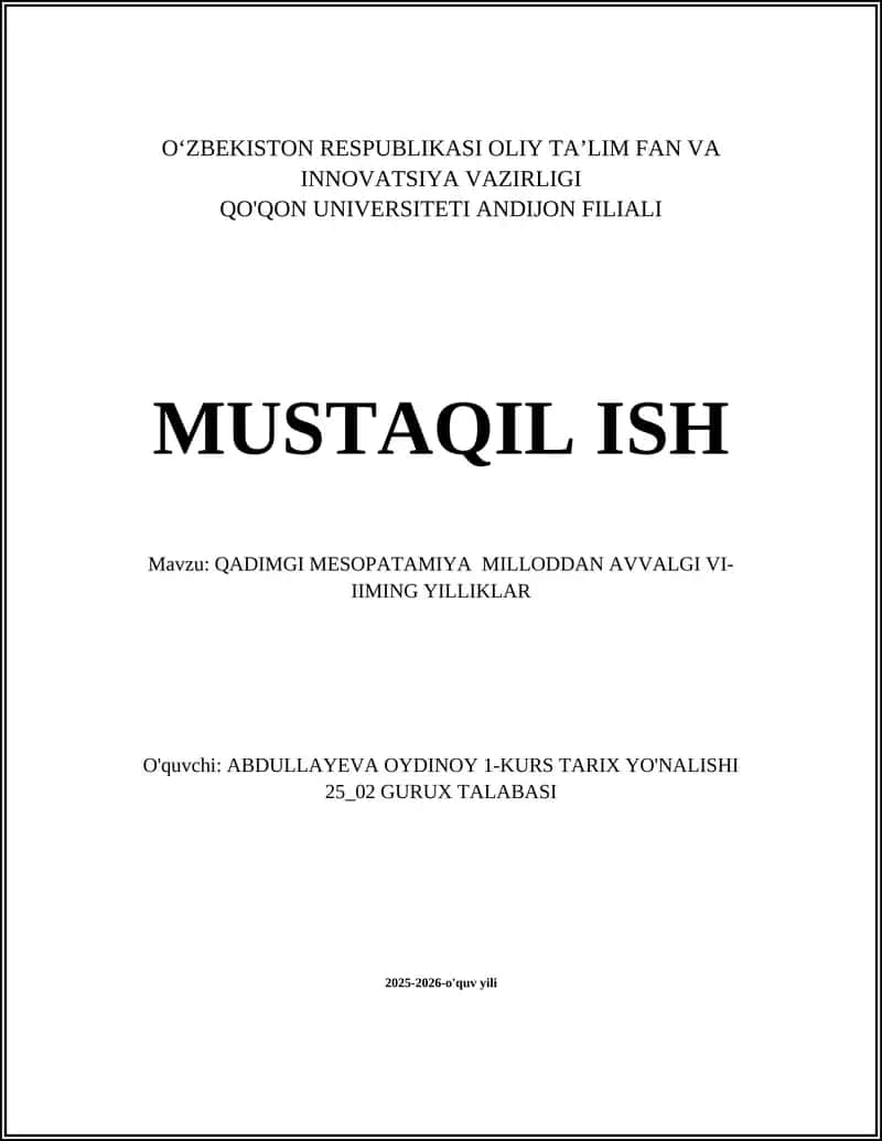 QADIMG MESOPATAMIYA MILLODAN AVVALGI VI-IIMING YILLIKLAR