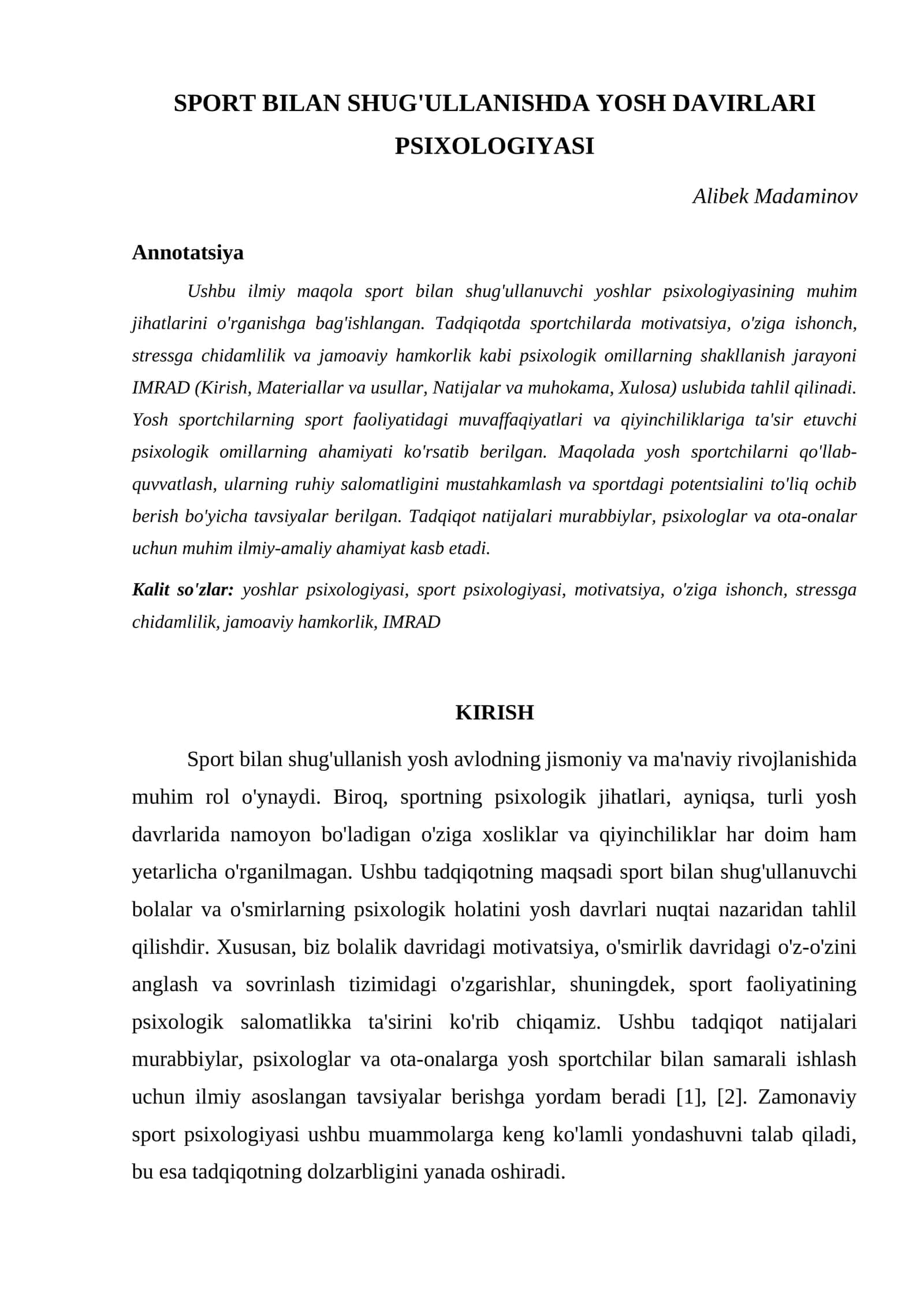 SPORT BILAN SHUG'ULLANISHDA YOSH DAVIRLARI PSIXOLOGIYASI
