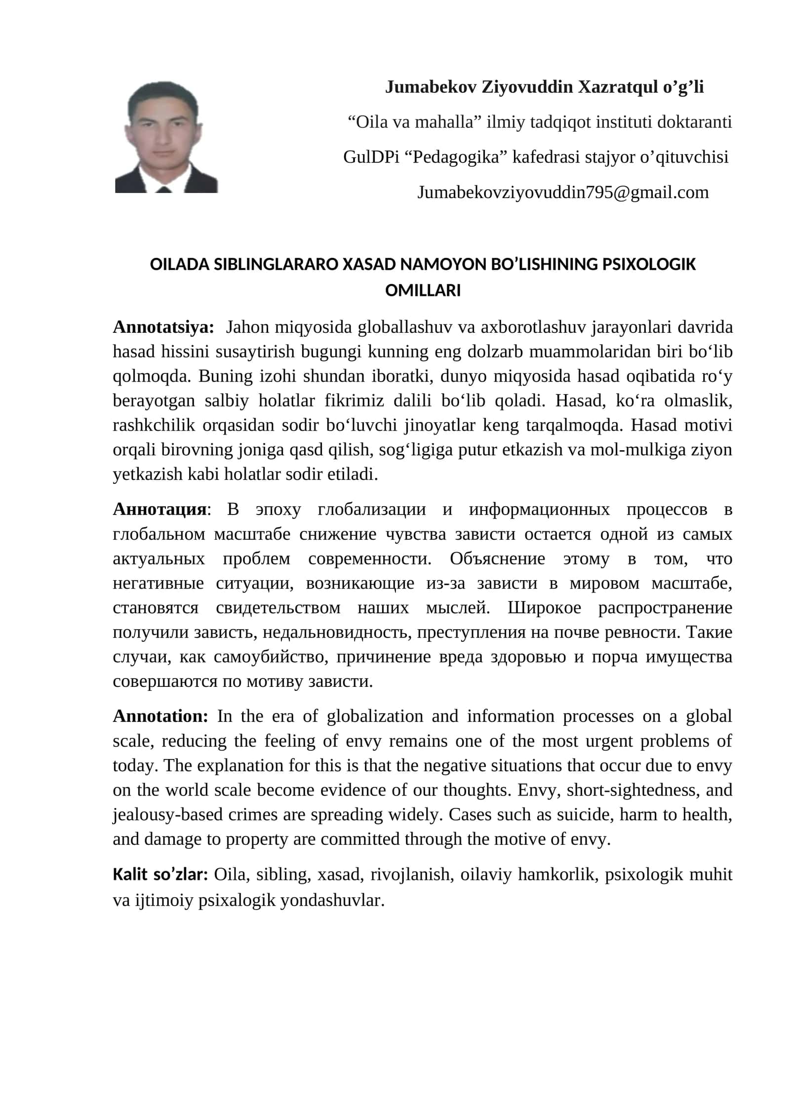 OILADA SIBLINGLARARO XASAD NAMOYON BO’LISHINING PSIXOLOGIK OMILLARI