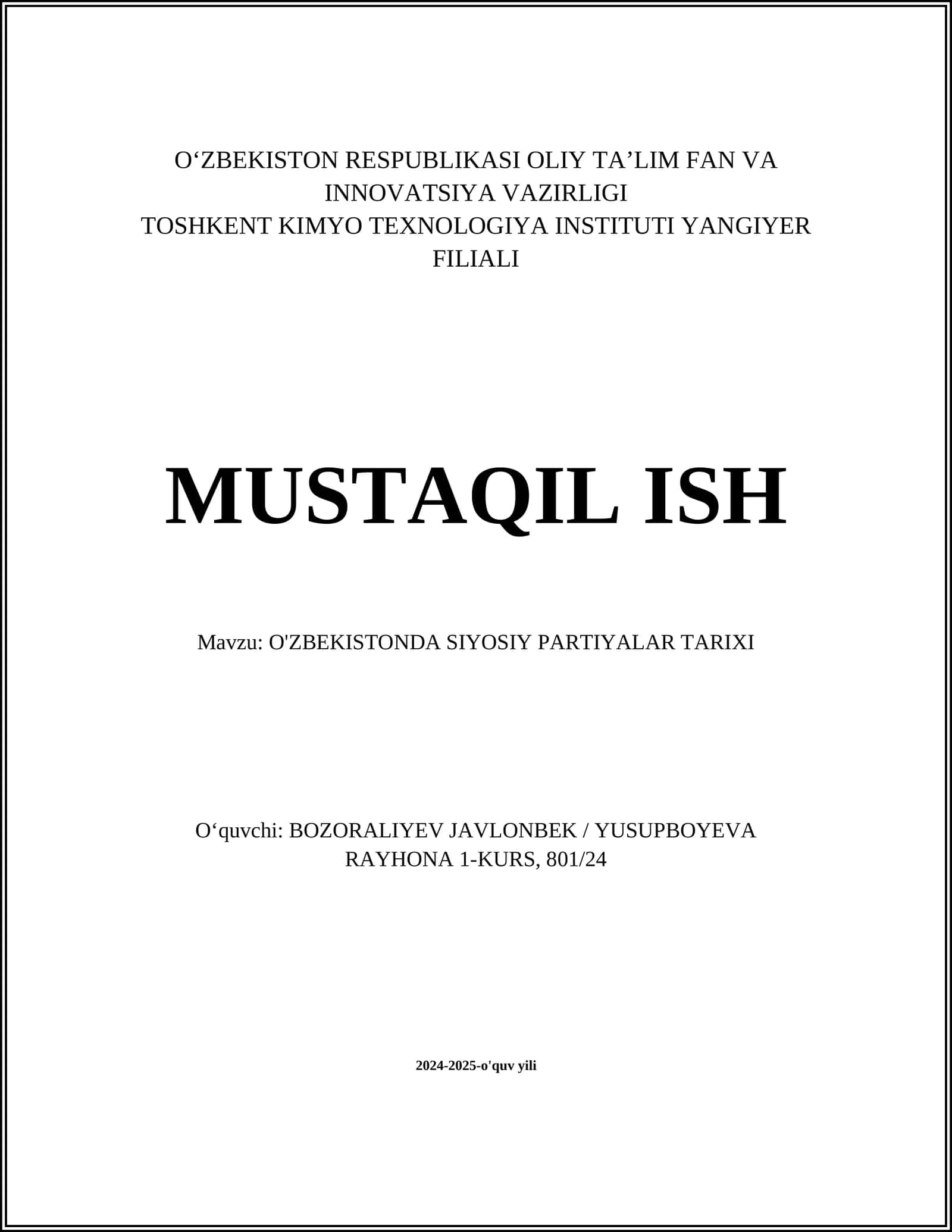 O'ZBEKISTONDA SIYOSIY PARTIYALAR TARIXI