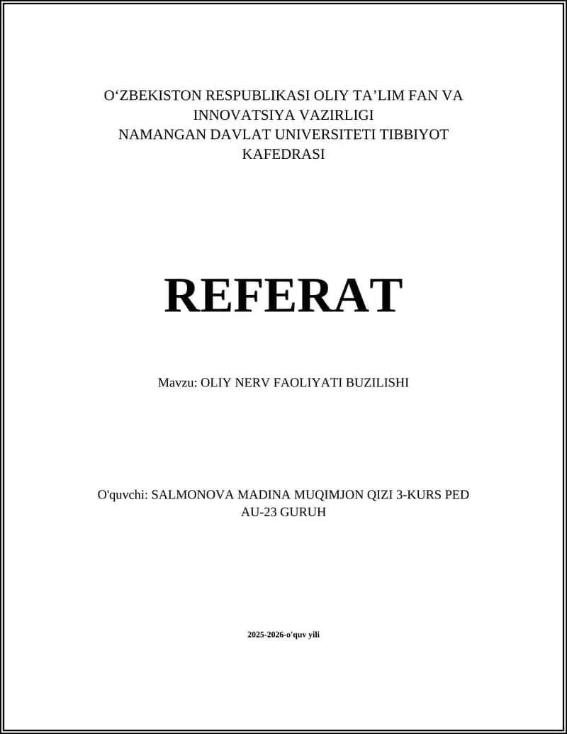 OLIY NERV FAOLIYATI BUZILISHI