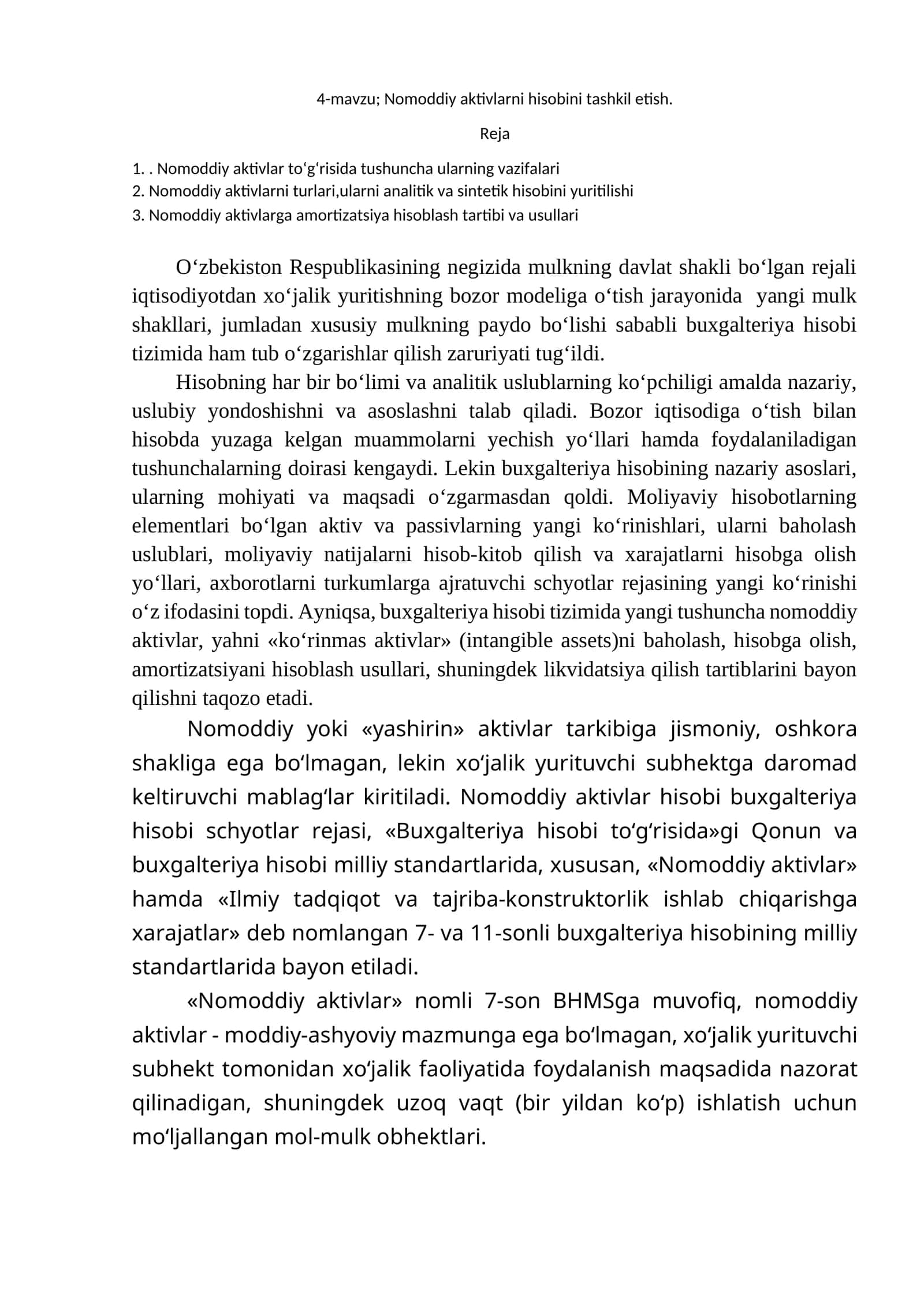 Nomoddiy aktivlarni hisobini tashkil etish