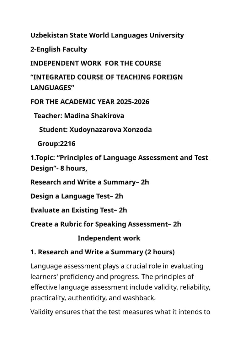 Principles of Language Assessment and Test Design
