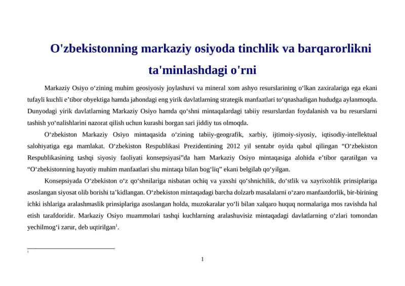 O'zbekistonning markaziy osiyoda tinchlik va barqarorlikni ta'minlashdagi o'rni