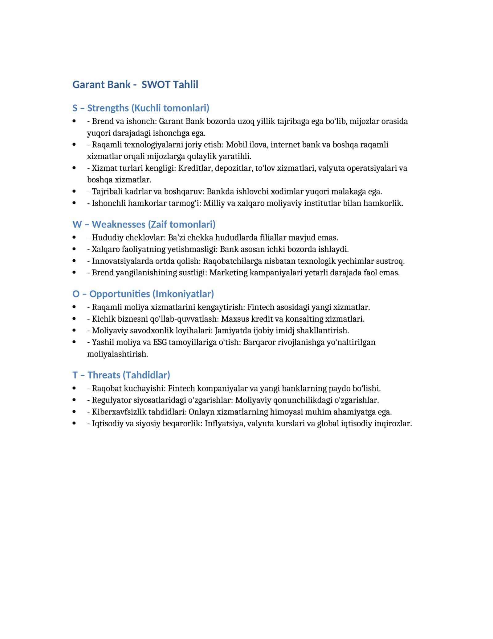 Garant Bank SWOT Tahlil
