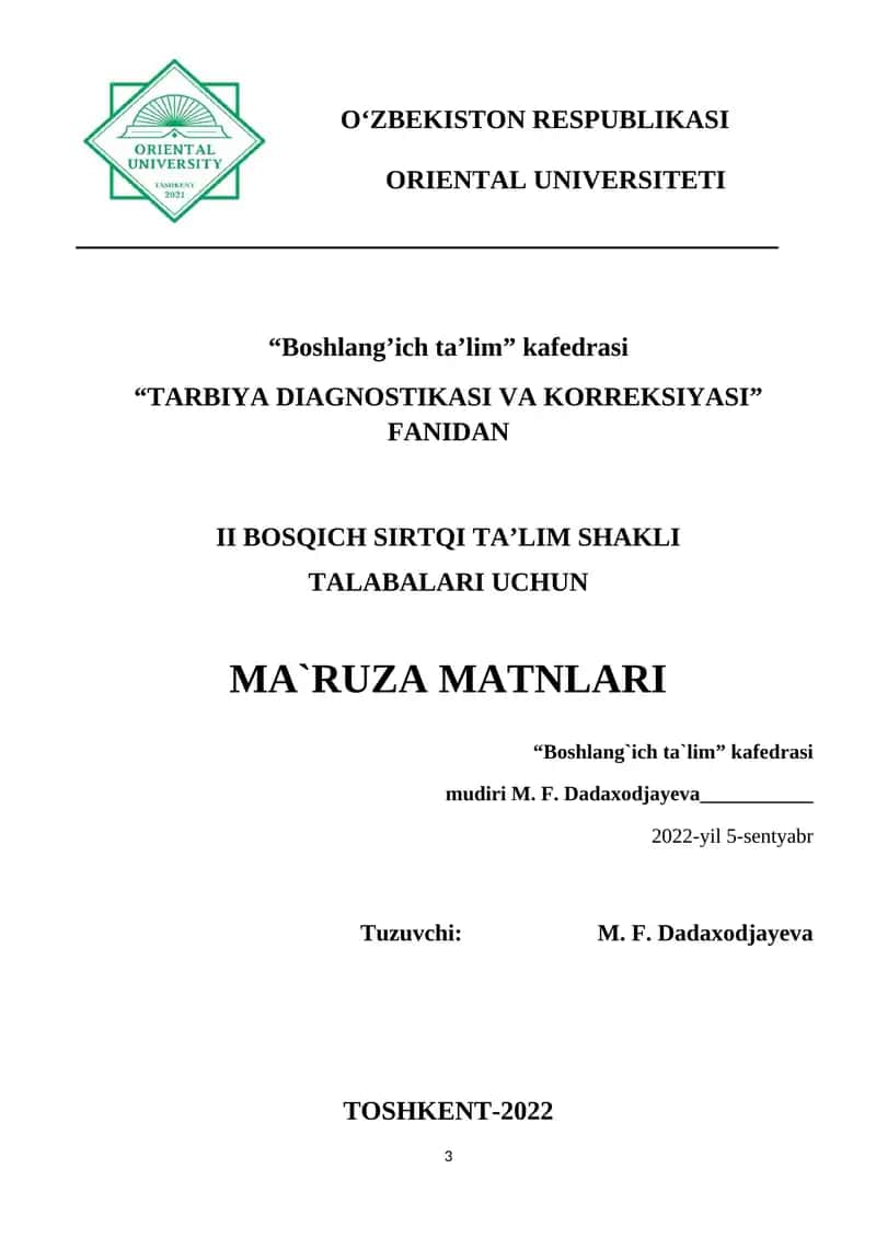 TARBIYA DIAGNOSTIKASI VA KORREKSIYASI