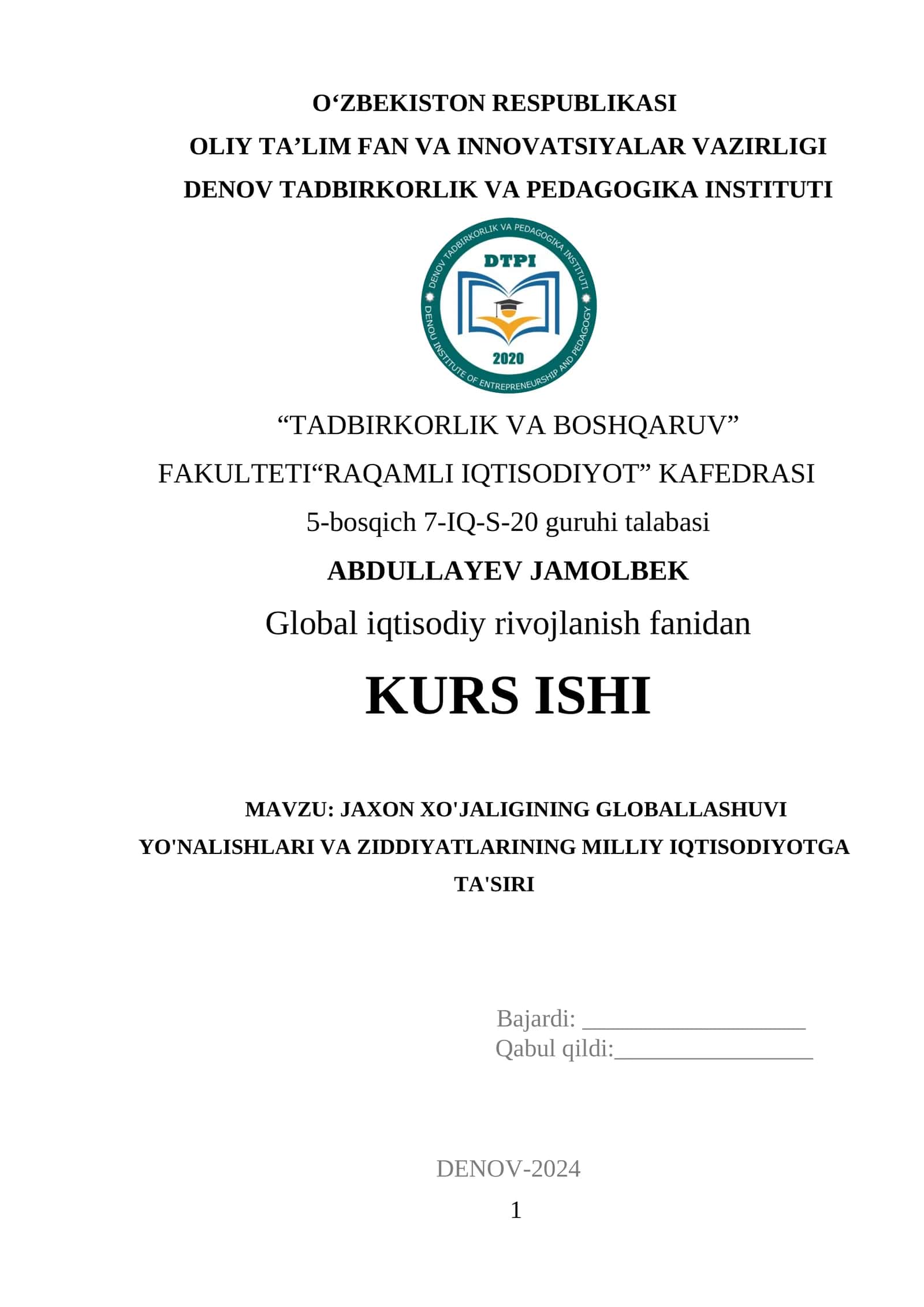 JAXON XO'JALIGINING GLOBALLASHUVI YO'NALISHLARI VA ZIDDIYATLARINING MILLIY IQTISODIYOTGA TA'SIRI