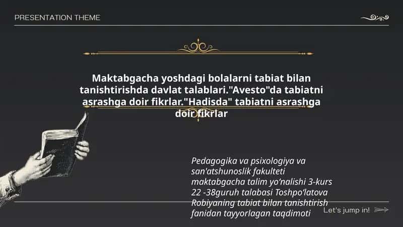 Toshpoʻlatova Robiyaning tabiat bilan tanishtirish fanidan tayyorlagan taqdimoti