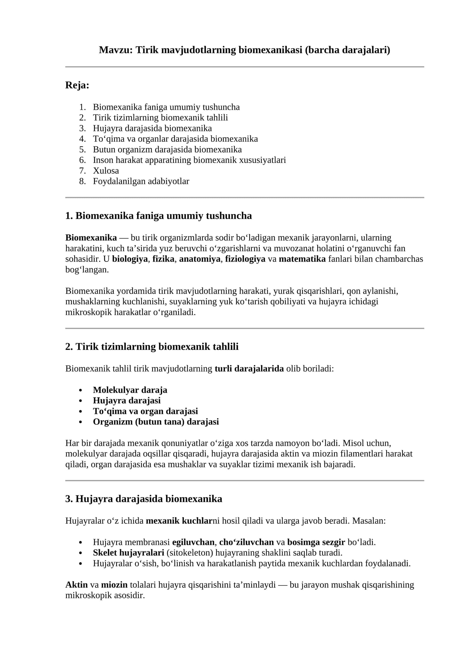 Tirik mavjudotlarning biomexanikasi (barcha darajalari)