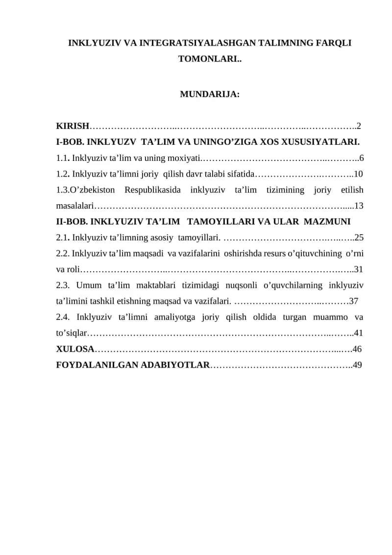 INKLYUZIV VA INTEGRATSIYALASHGAN TALIMNING FARQLI TOMONLARI