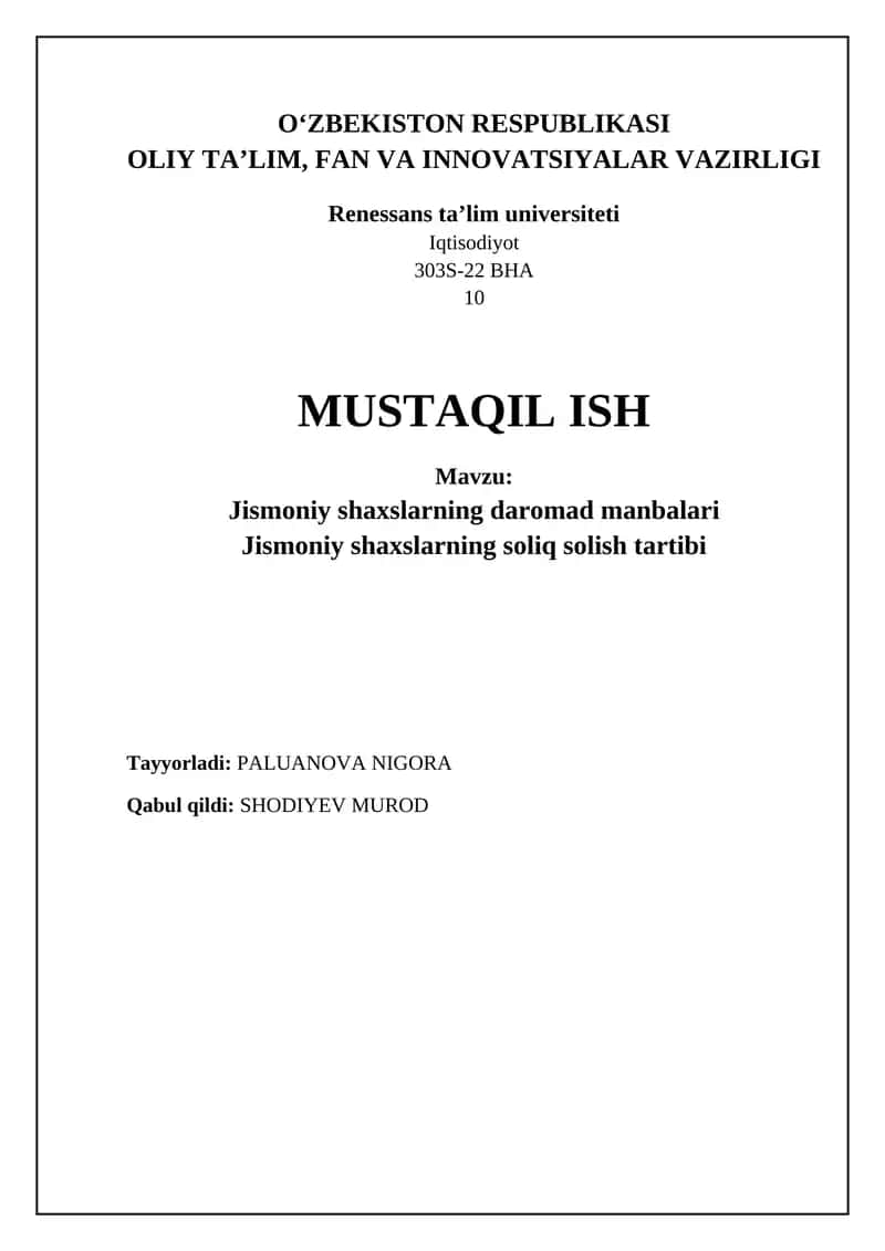 Jismoniy shaxslarning daromad manbalari va ularning soliqqa tortish tartibi