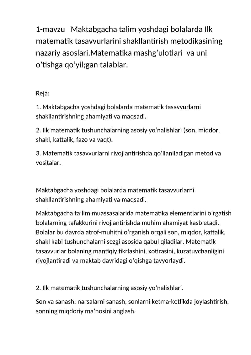 Maktabgacha talim yoshdagi bolalarda Ilk matematik tasavvurlarini shakllantirish metodikasi