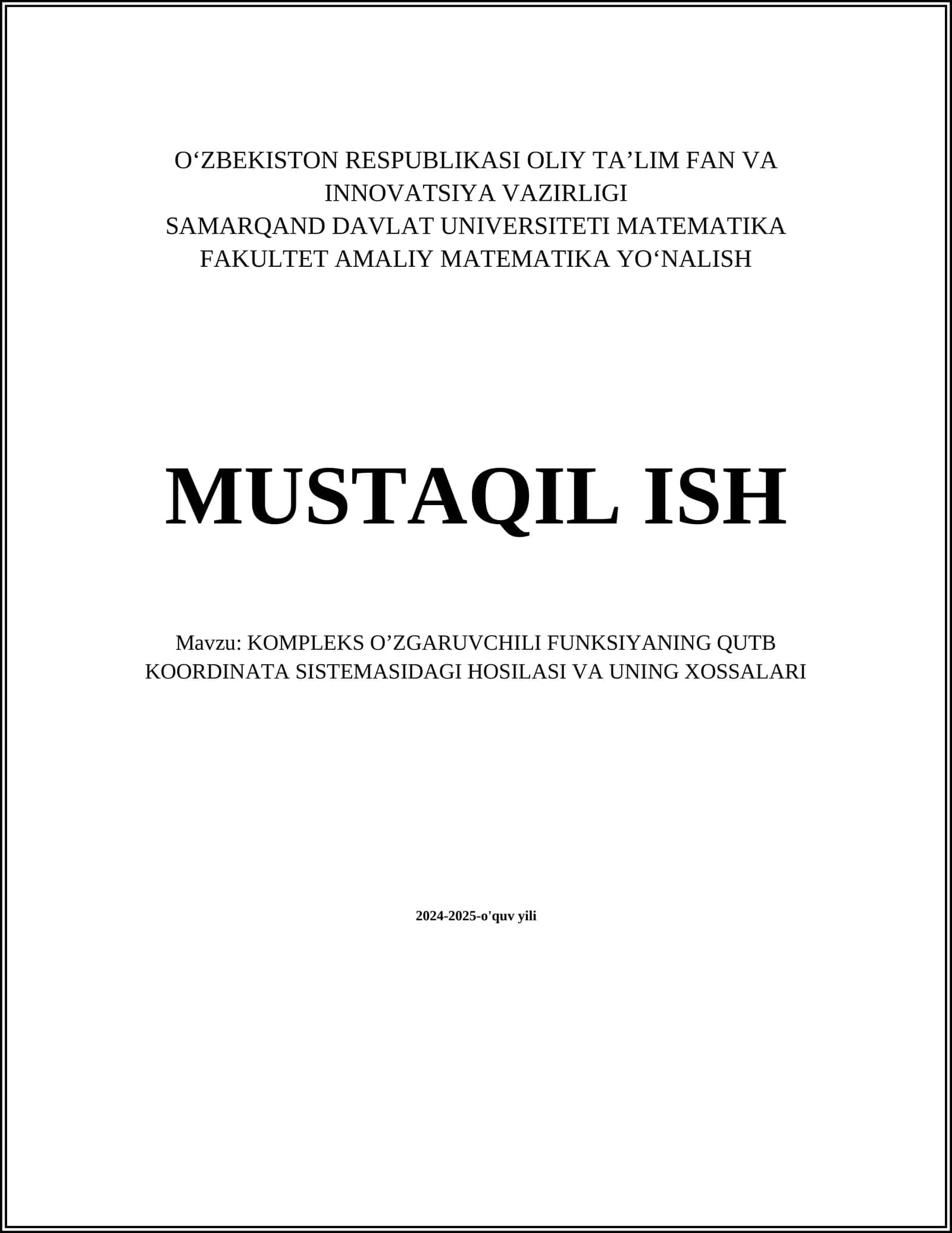 KOMPLEKS O’ZGARUVCHILI FUNKSIYANING QUTB KOORDINATA SISTEMASIDAGI HOSILASI VA UNING XOSSALARI