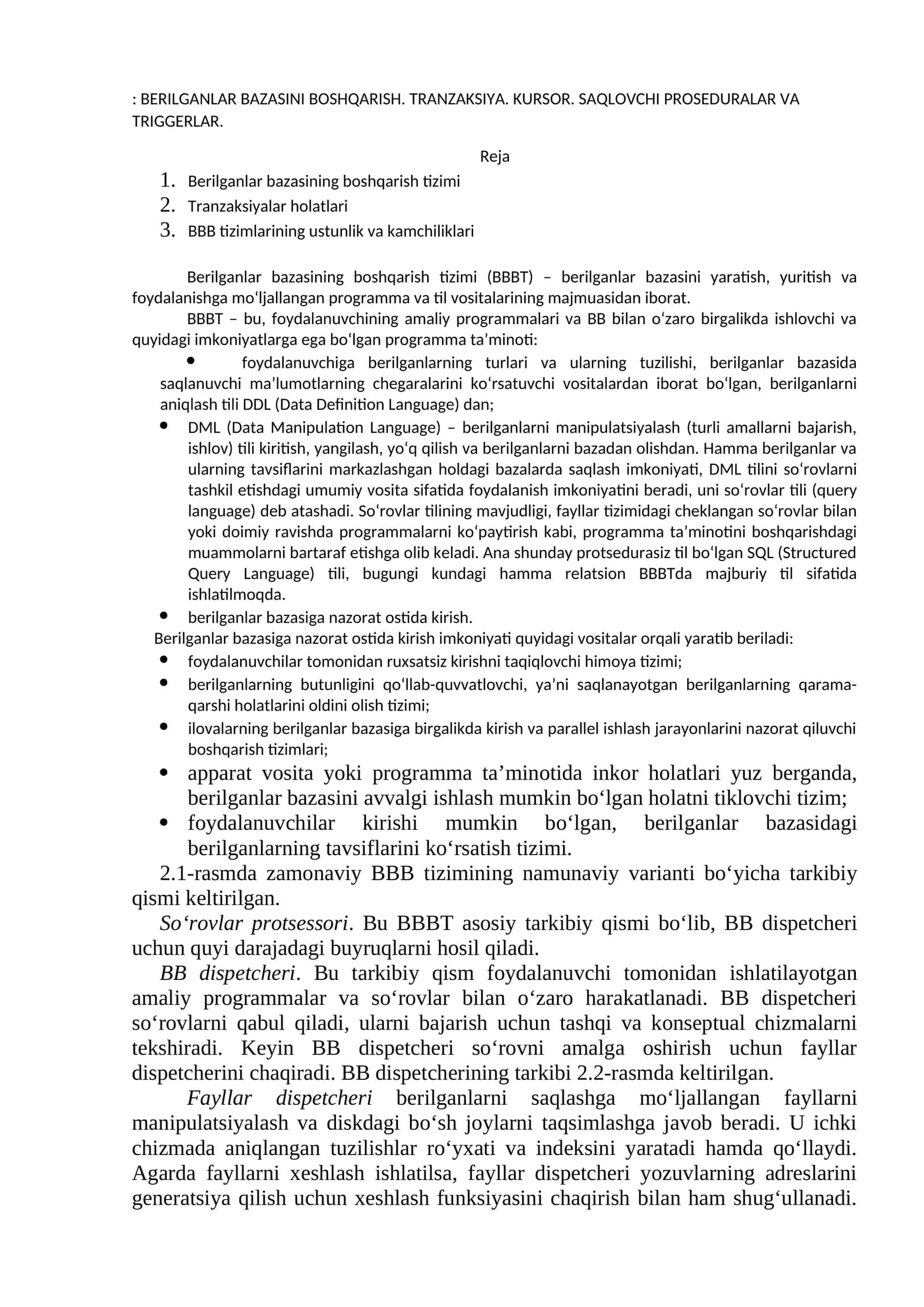 Berilganlar bazasini boshqarish