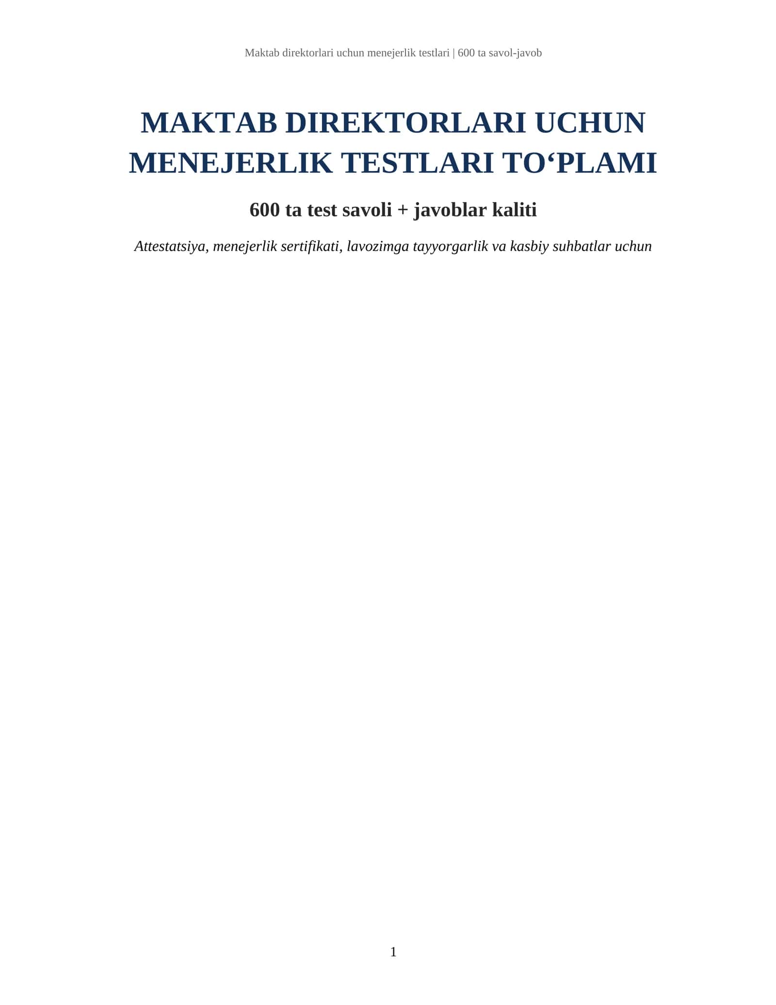 Maktab direktorlari uchun menejerlik sertifikati testlari | 600 ta savol-javob va javoblar kaliti