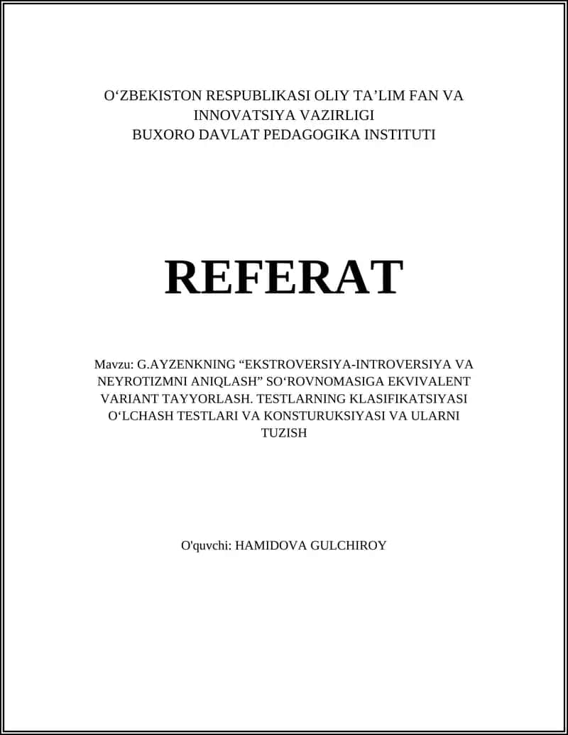 G.AYZENKNING “EKSTROVERSIYA-INTROVERSIYA VA NEYROTIZMNI ANIQLASH” SO‘ROVNOMASI