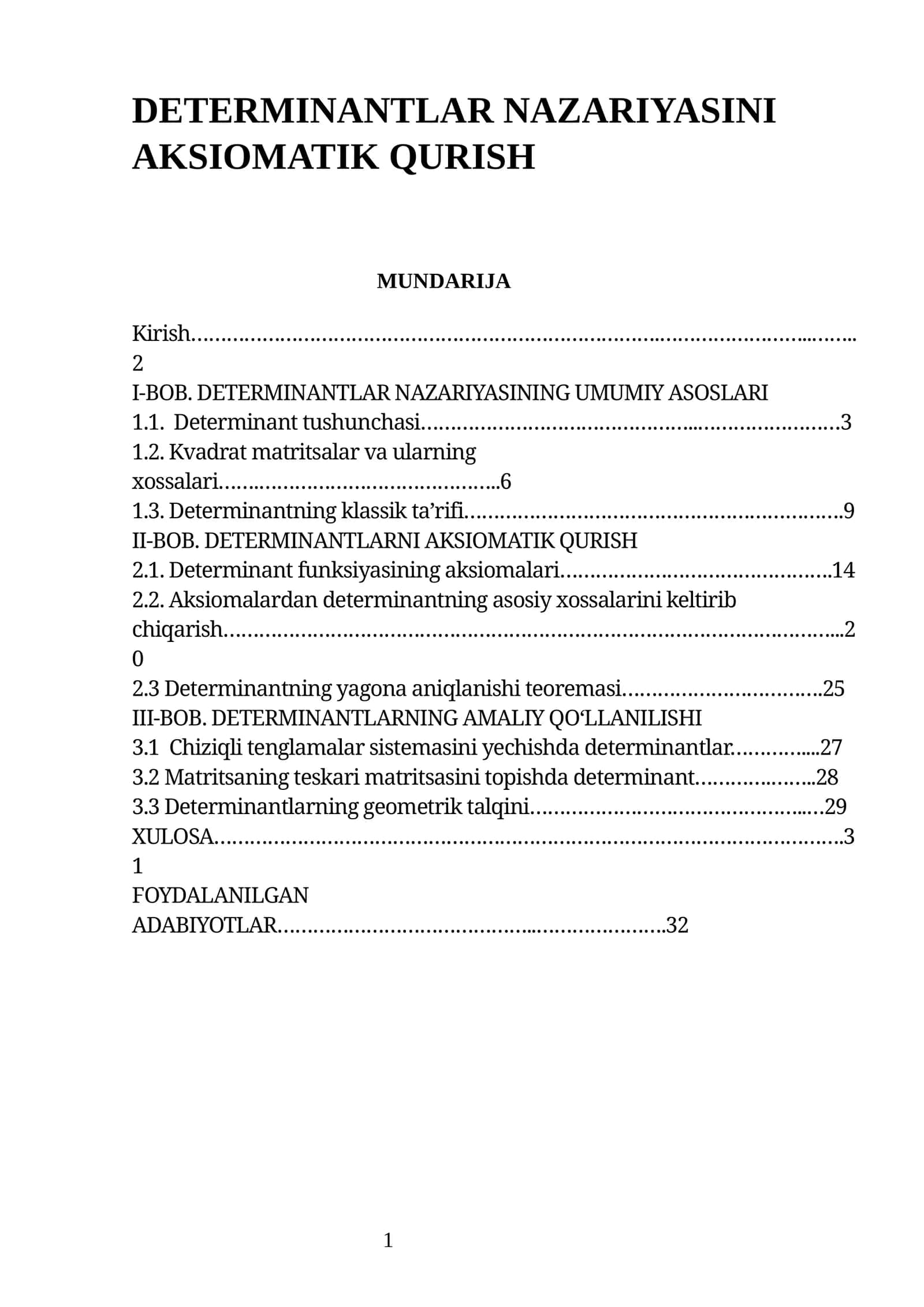 DETERMINANTLAR NAZARIYASINI AKSIOMATIK QURISH