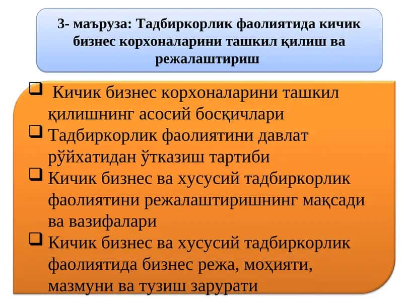 Кичик бизнес корхоналарини ташкил қилиш ва режалаштириш