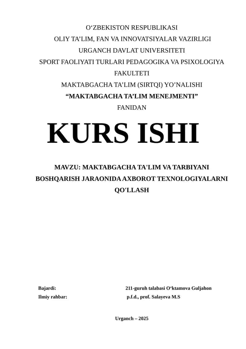 MAKTABGACHA TA'LIM MENEJMENTI