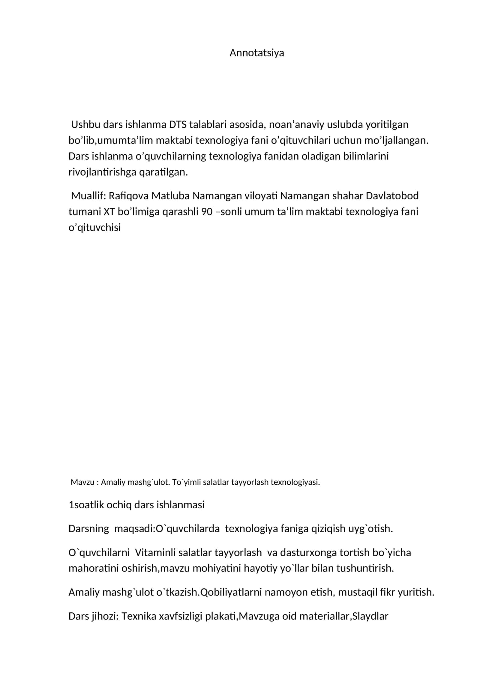 8-sinf Texnologiya fanidan To'yimli salatlar tayyorlash mavzusida dars ishlanma