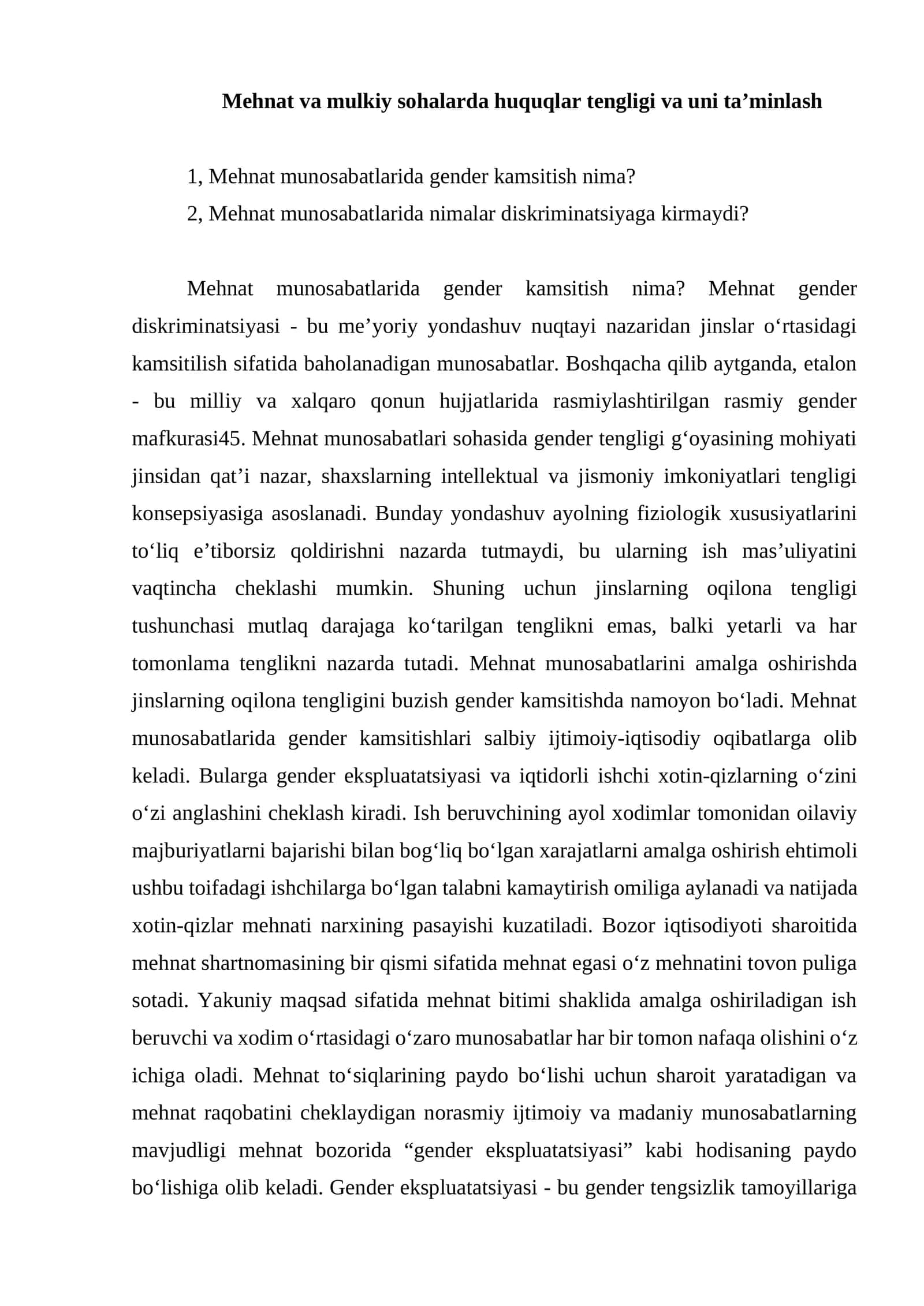 Mehnat va mulkiy sohalarda huquqlar tengligi va uni ta’minlash