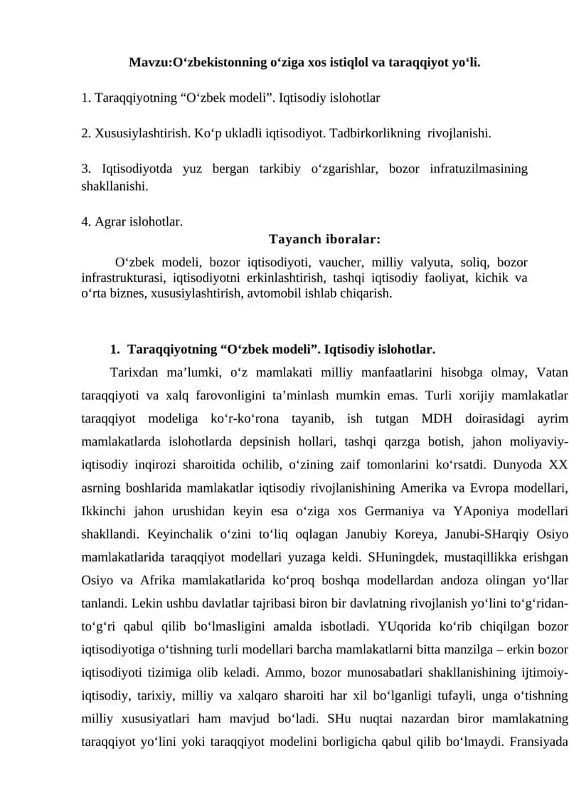 Taraqqiyotning “O‘zbek modeli”. Iqtisodiy islohotlar