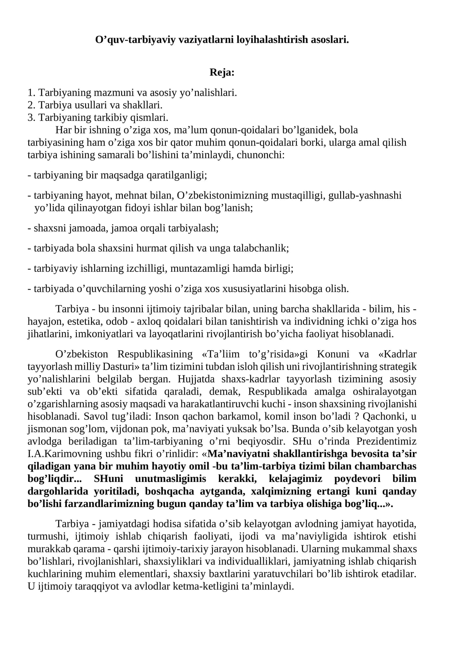 O’quv-tarbiyaviy vaziyatlarni loyihalashtirish asoslari