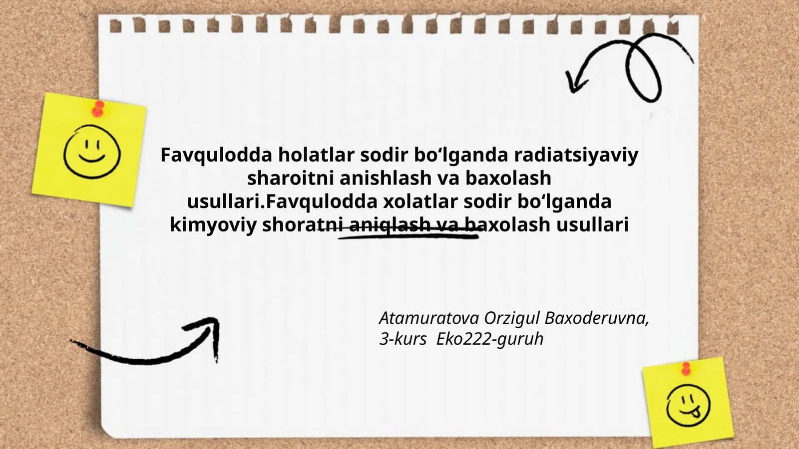 Favqulodda holatlar sodir bo‘lganda radiatsiyaviy sharoitni anishlash va baxolash usullari.Favqulodda xolatlar sodir bo‘lganda kimyoviy shoratni aniqlash va baxolash usullari