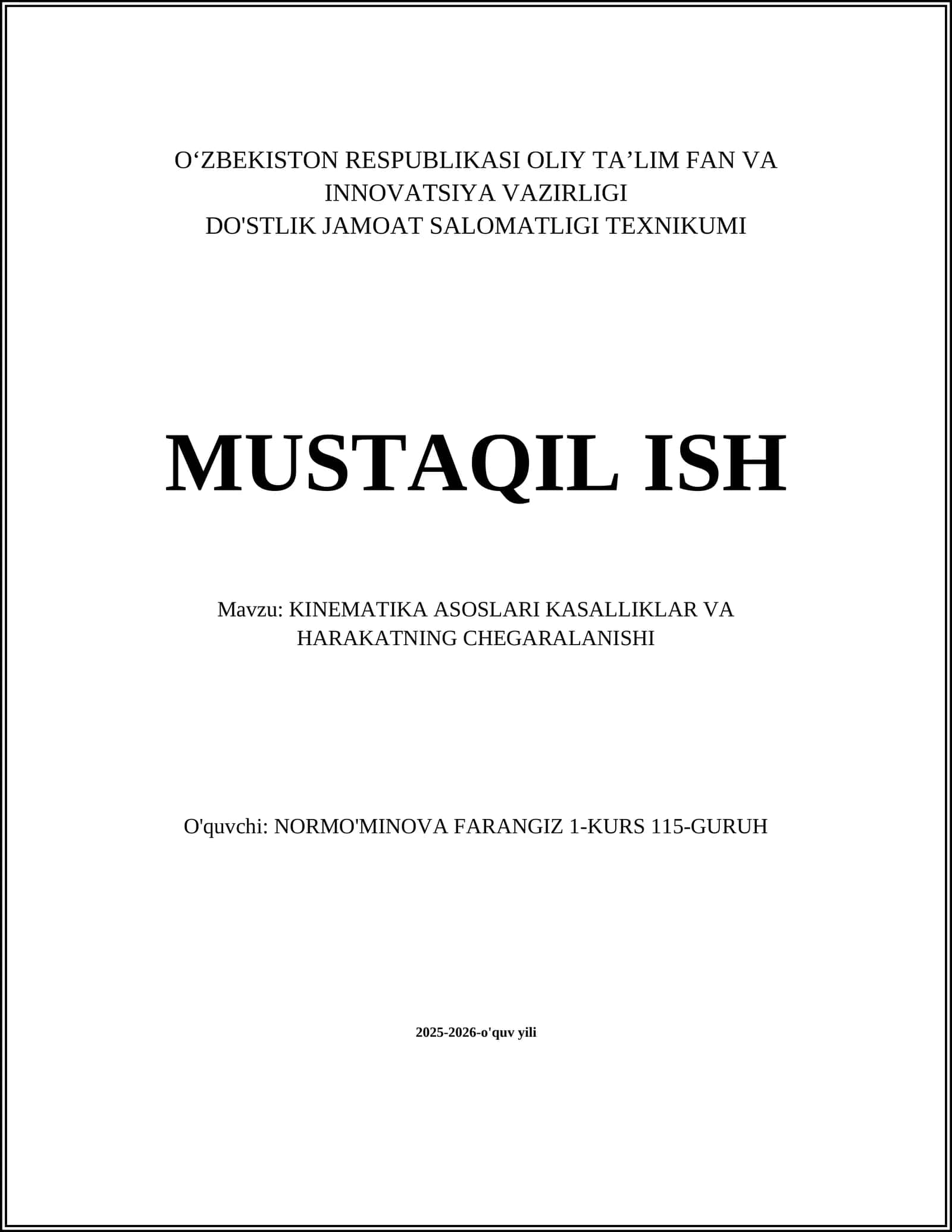 KINEMATIKA ASOSLARI KASALLIKLAR VA HARAKATNING CHEGARALANISHI