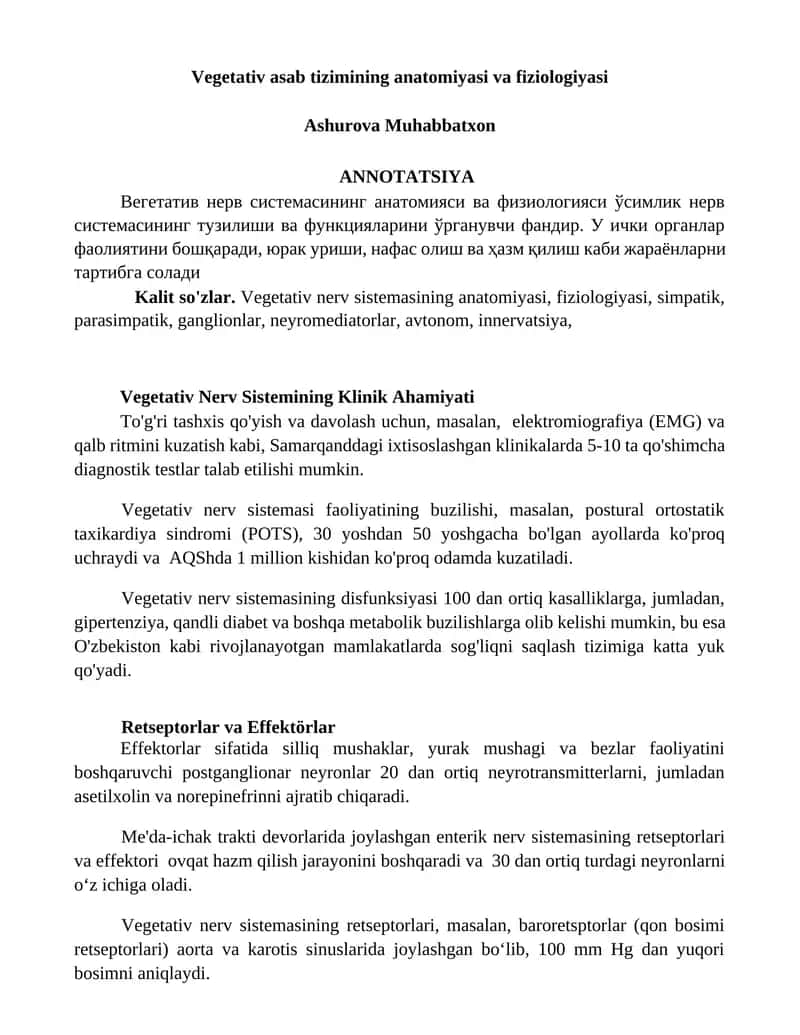 Vegetativ asab tizimining anatomiyasi va fiziologiyasi