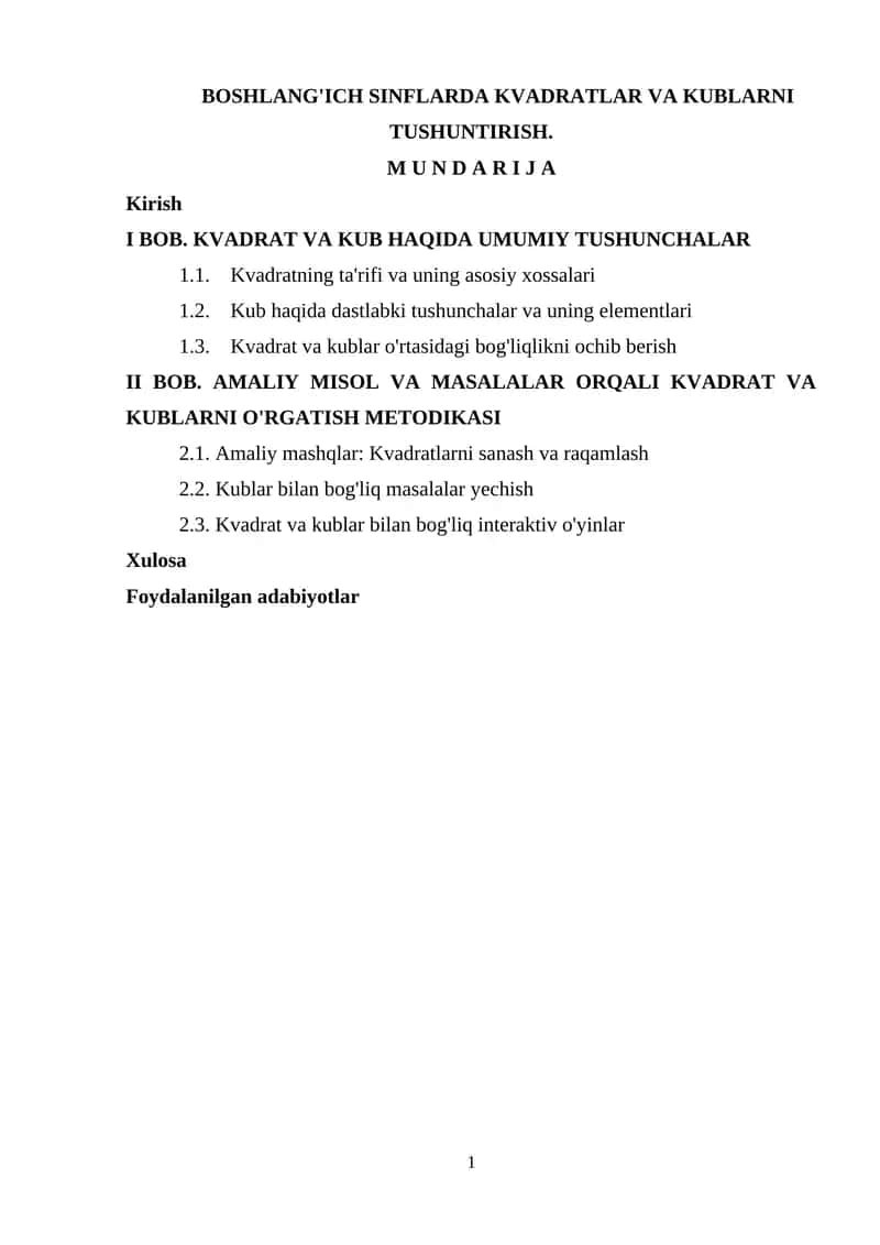Boshlang'ich sinflarda kvadratlar va kublarni tushuntirish