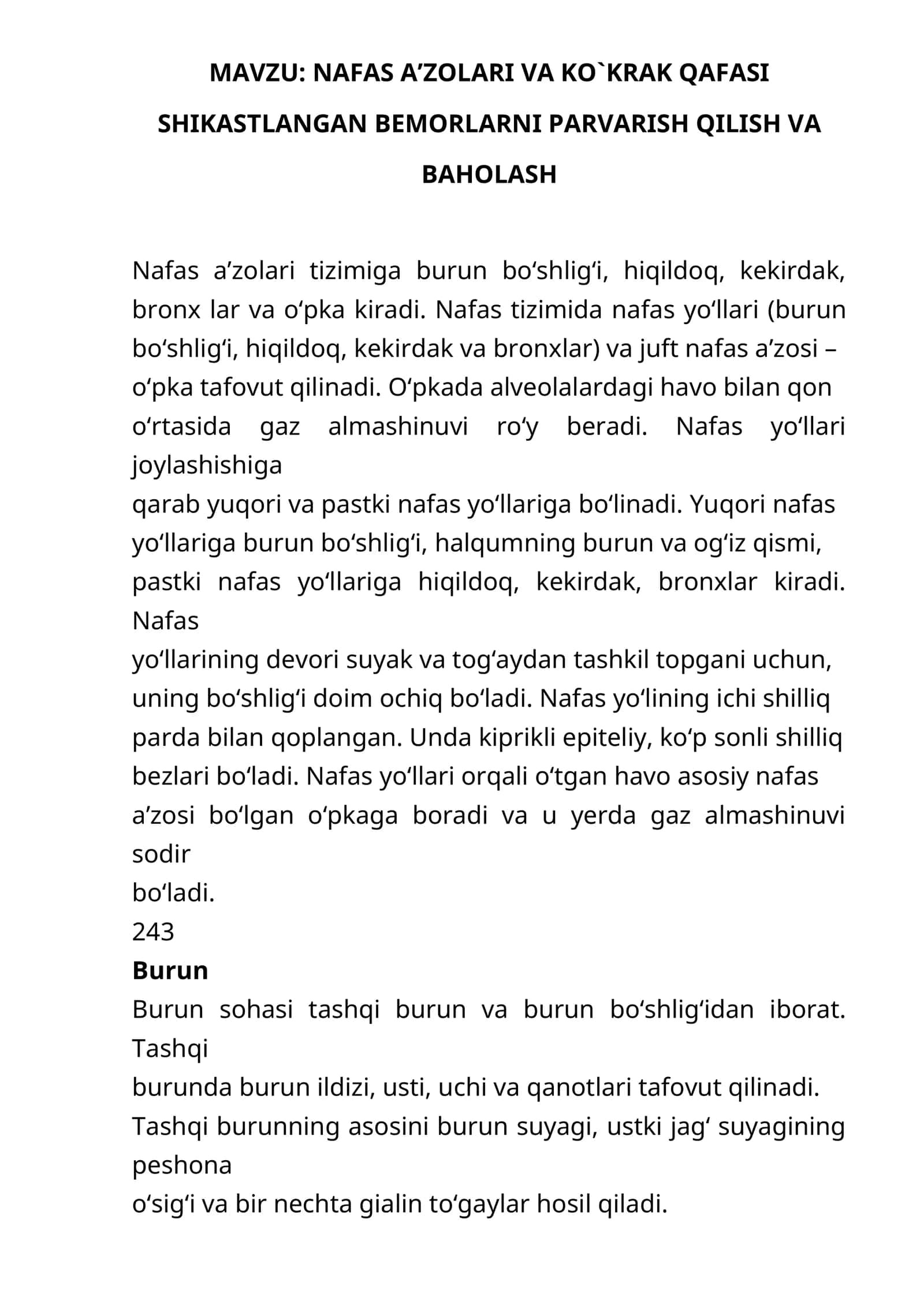 NAFAS A’ZOLARI VA KO`KRAK QAFASI SHIKASTLANGAN BEMORLARNI PARVARISH QILISH VA BAHOLASH