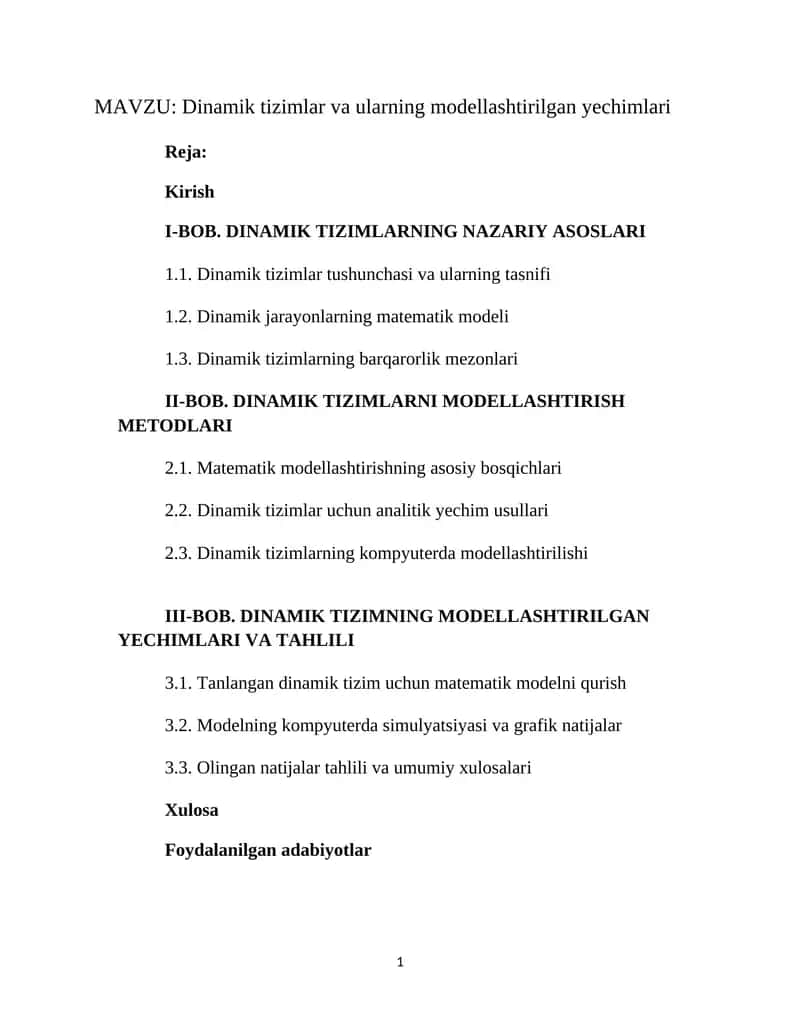 Dinamik tizimlar va ularning modellashtirilgan yechimlari
