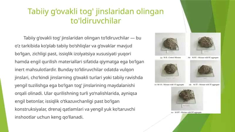 Tabiiy g‘ovakli tog' jinslaridan olingan to'ldiruvchilar