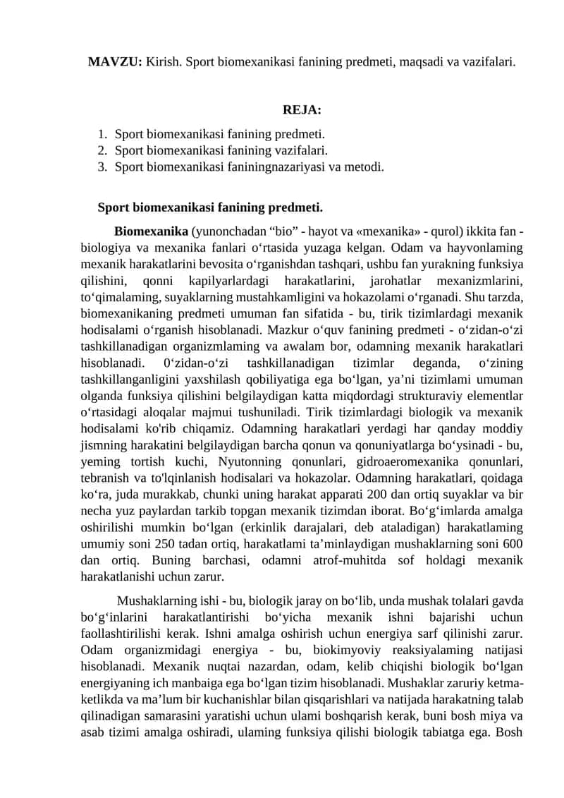 Sport biomexanikasi fanining predmeti, maqsadi va vazifalari.