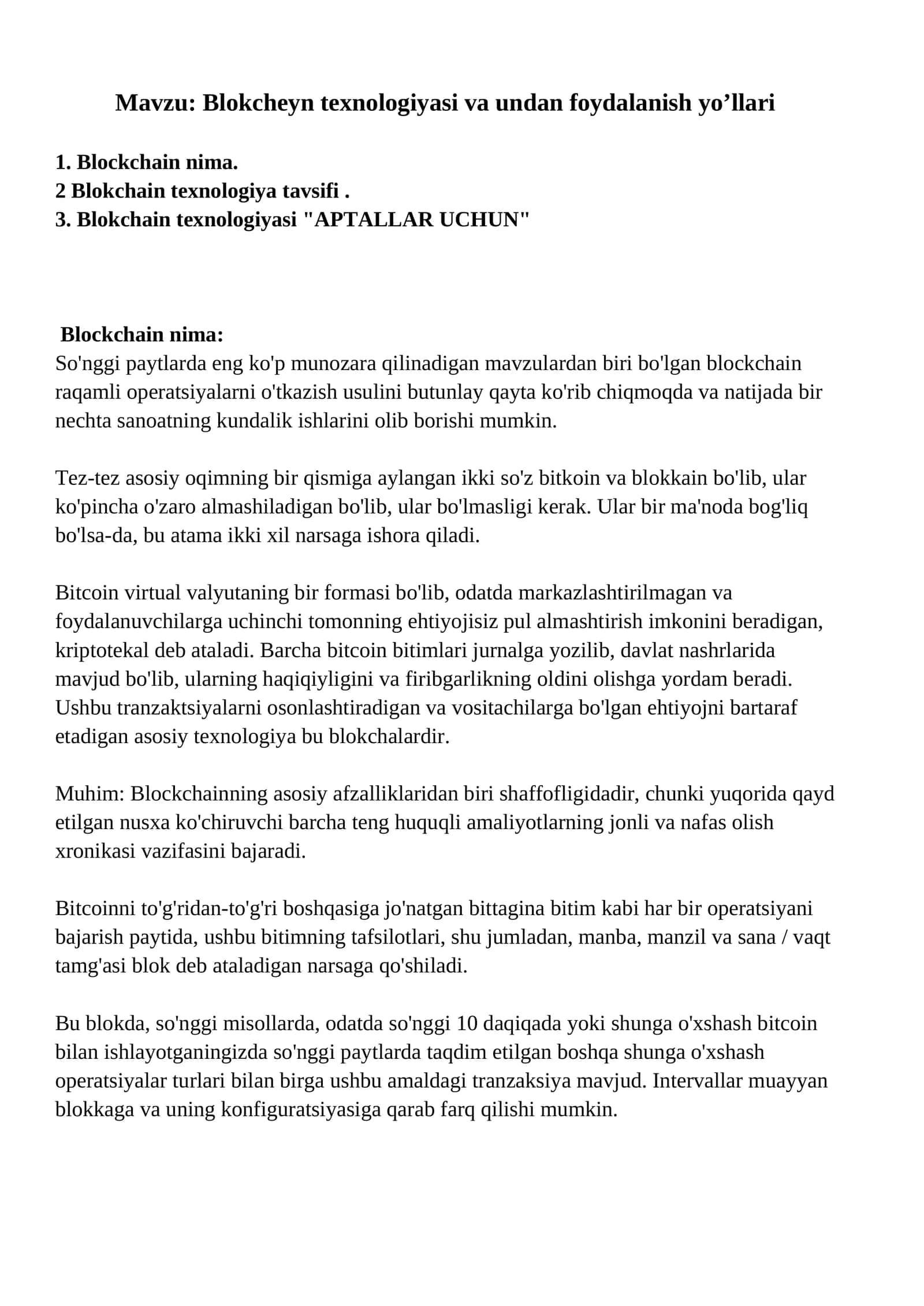 Blokcheyn texnologiyasi va undan foydalanish yo’llari