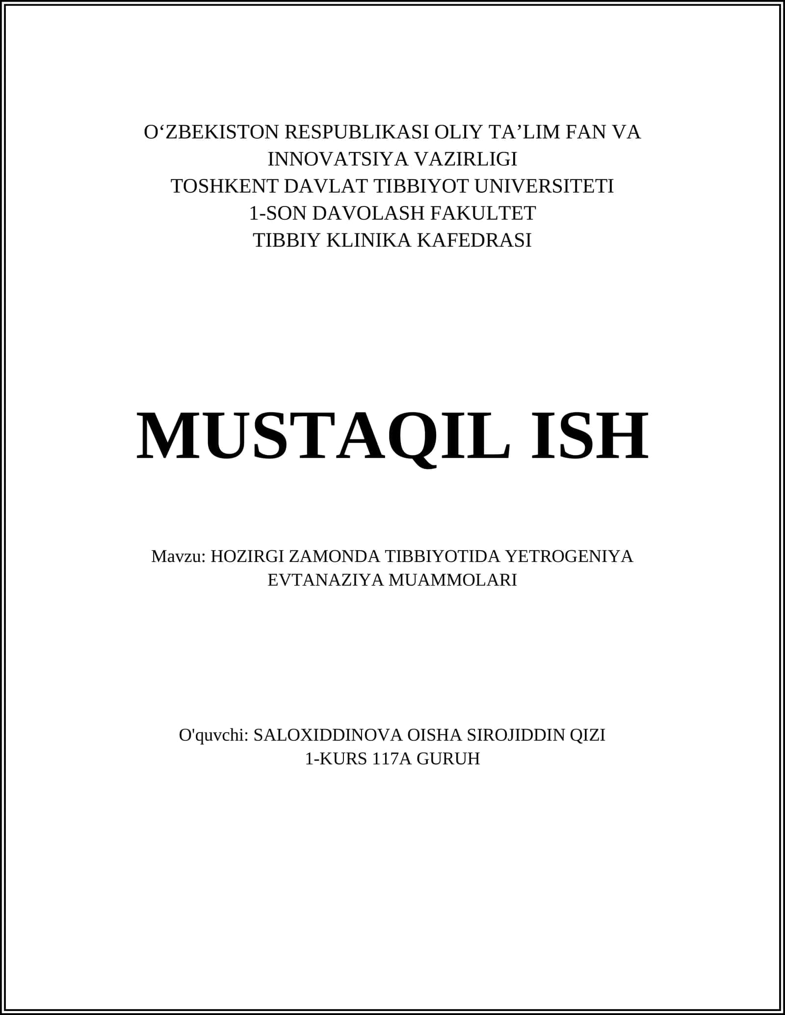 HOZIRGI ZAMONDA TIBBIYOTIDA YETROGENIYA EVTANAZIYA MUAMMOLARI