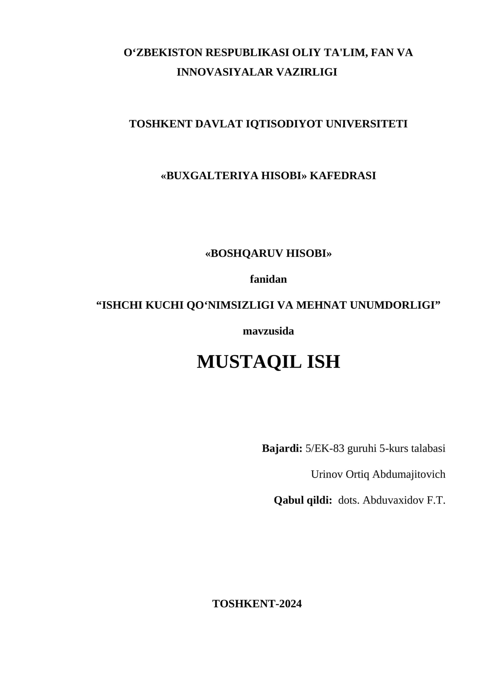 ISHCHI KUCHI QO‘NIMSIZLIGI VA MEHNAT UNUMDORLIGI