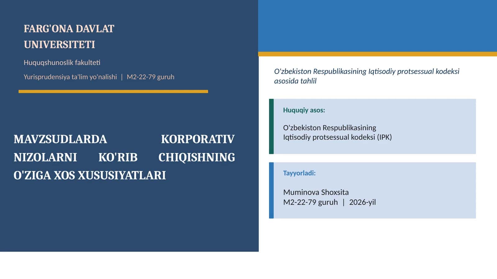 SUDLARDA KORPORATIV NIZOLARNI KO'RIB CHIQISHNING O'ZIGA XOS XUSUSIYATLARI