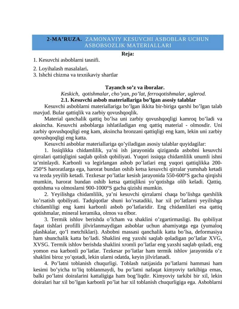 Zamonaviy kesuvchi asboblar uchun asbobsozlik materiallari