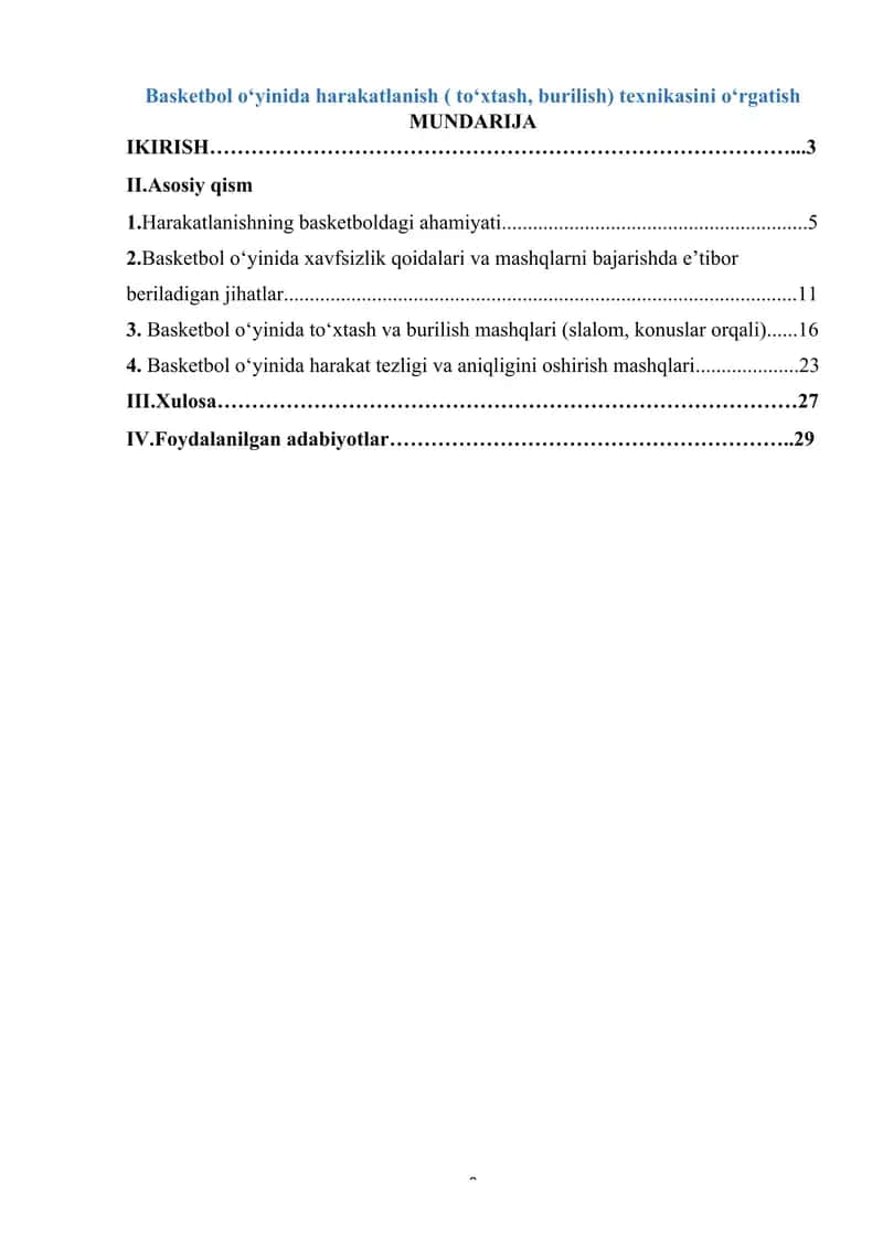 Basketbol o‘yinida harakatlanish ( to‘хtаsh, burilish) texnikasini oʻrgatish